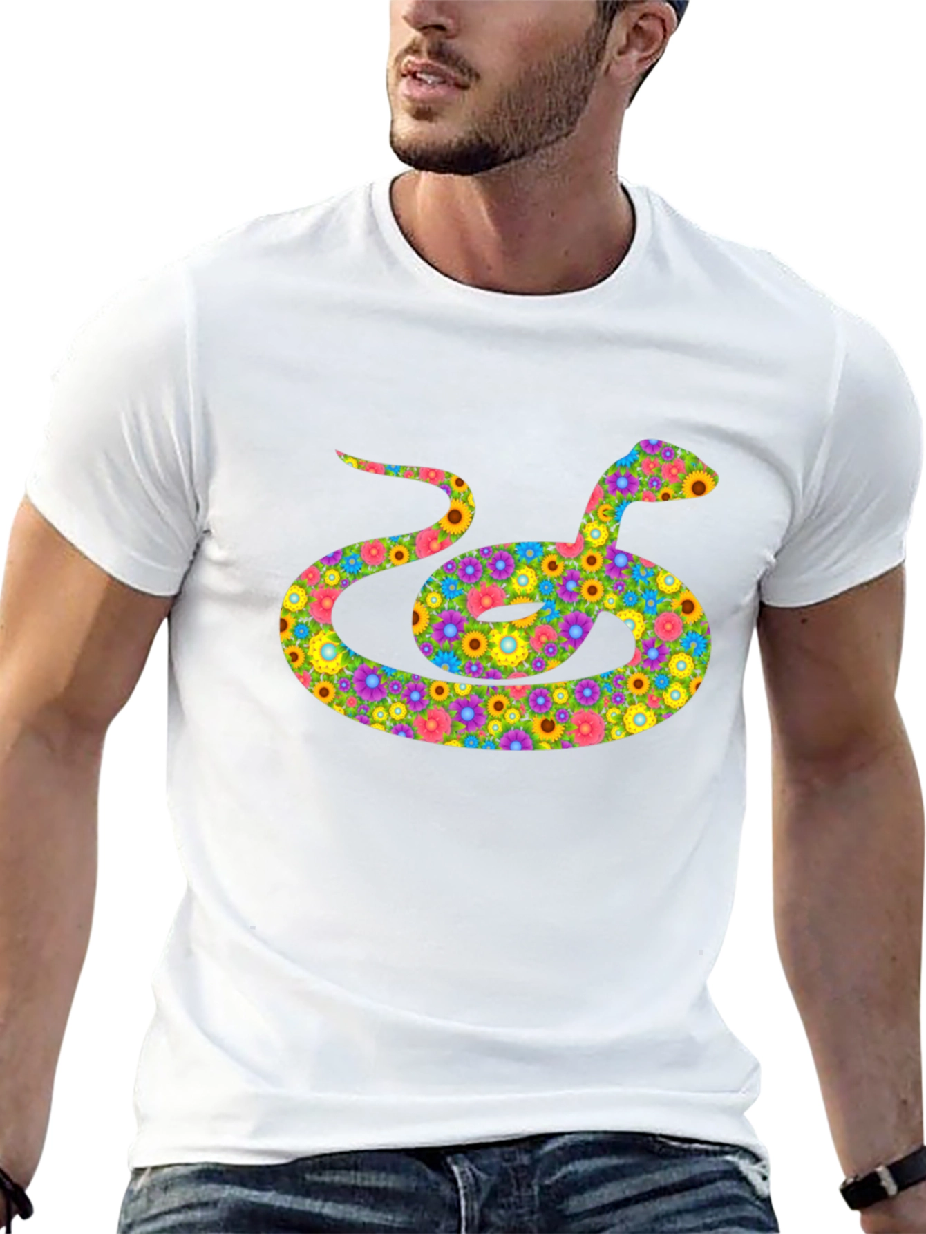 Floral Snake Graphic Tee - Black Cotton Shirt