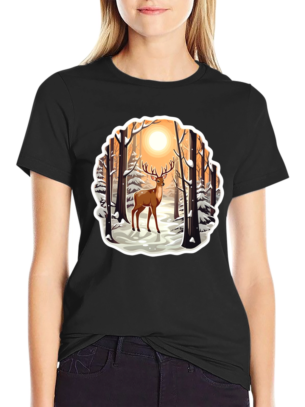 Deer in Winter Forest Graphic T-Shirt