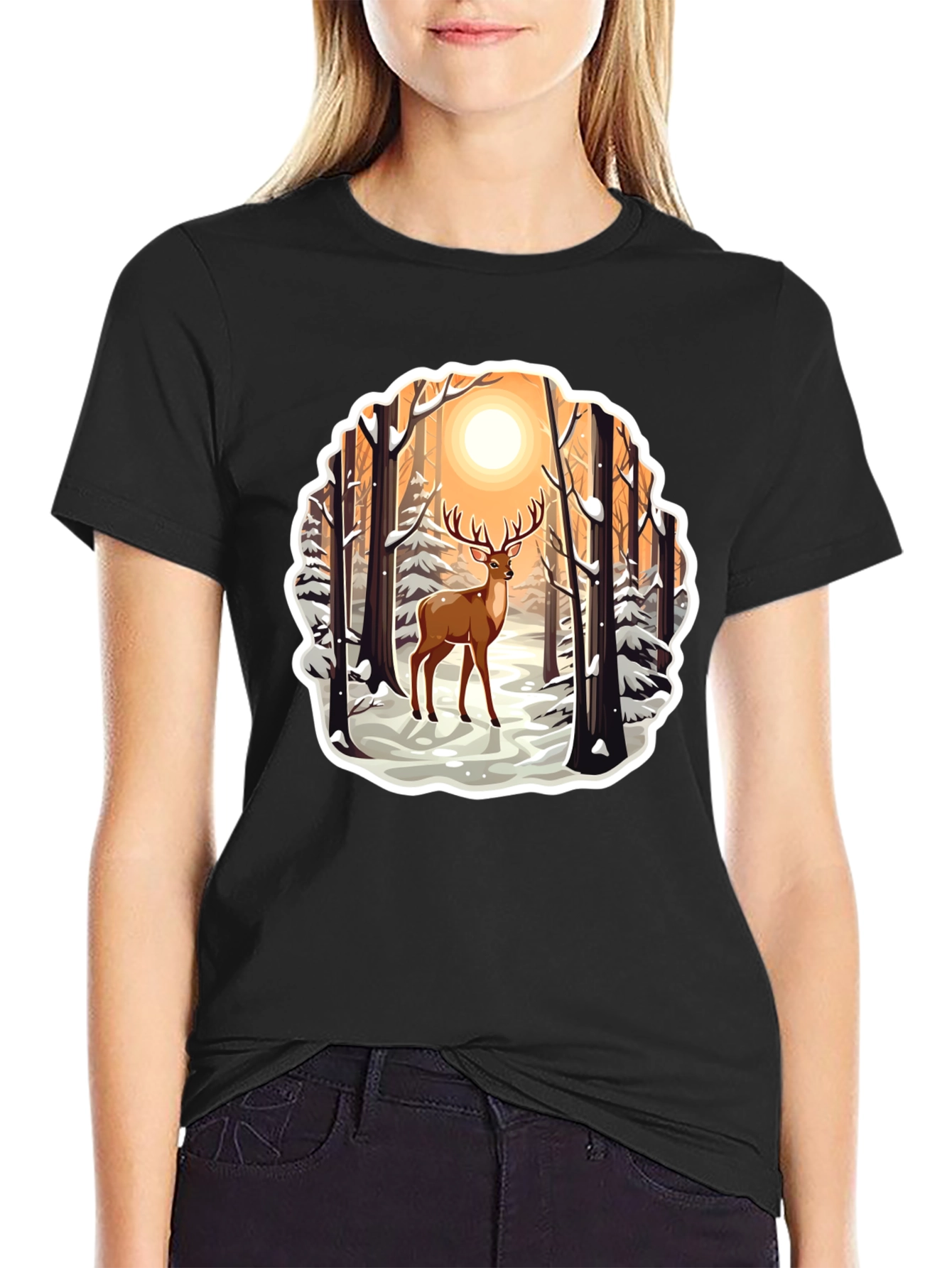 Deer in Winter Forest Graphic T-Shirt