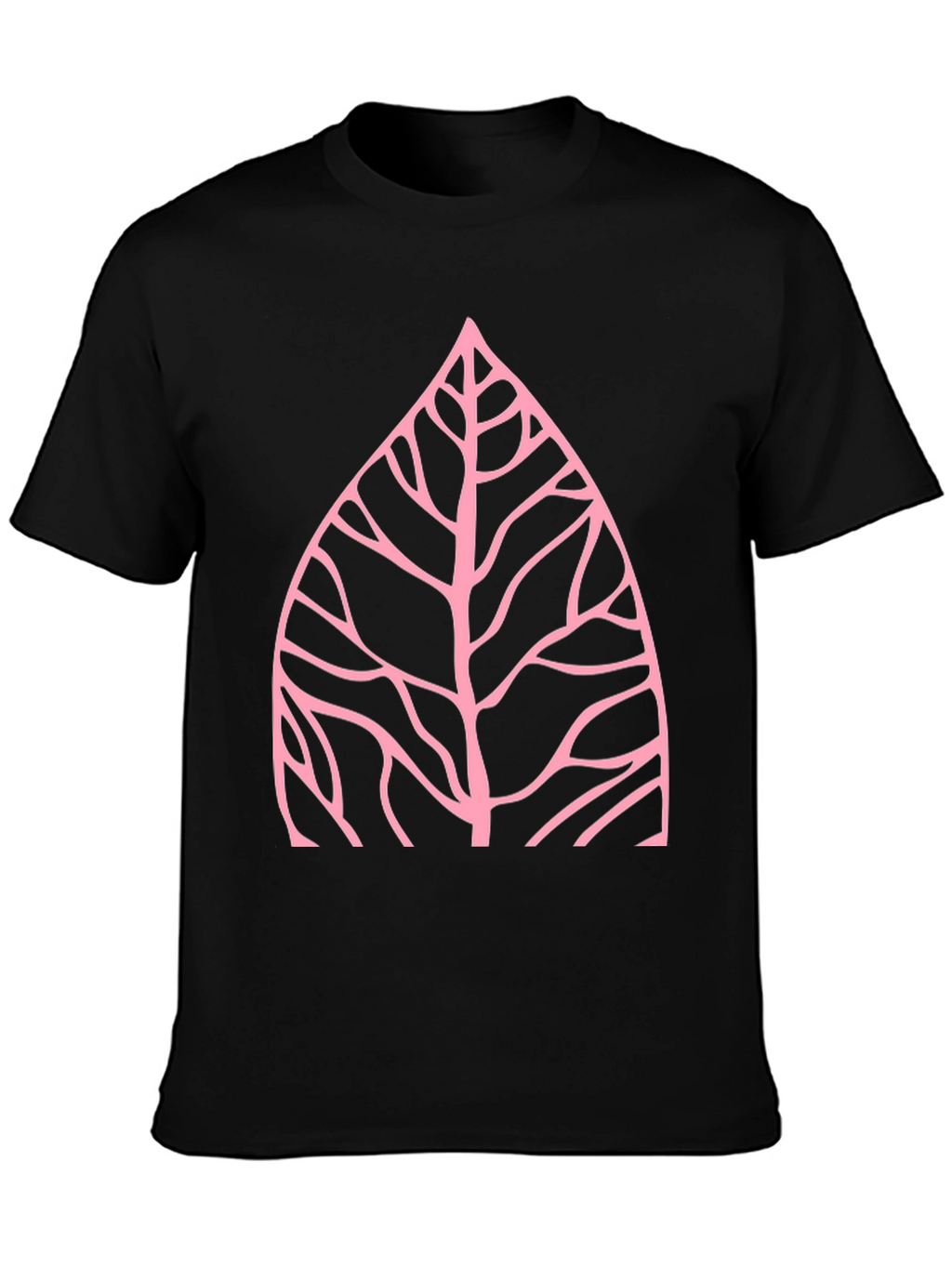 Nature Inspired Pink Leaf Graphic Black T-Shirt