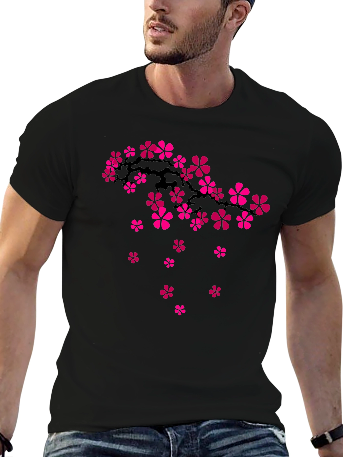 Cherry Blossom Branch Graphic Tee - Black Cotton T-Shirt