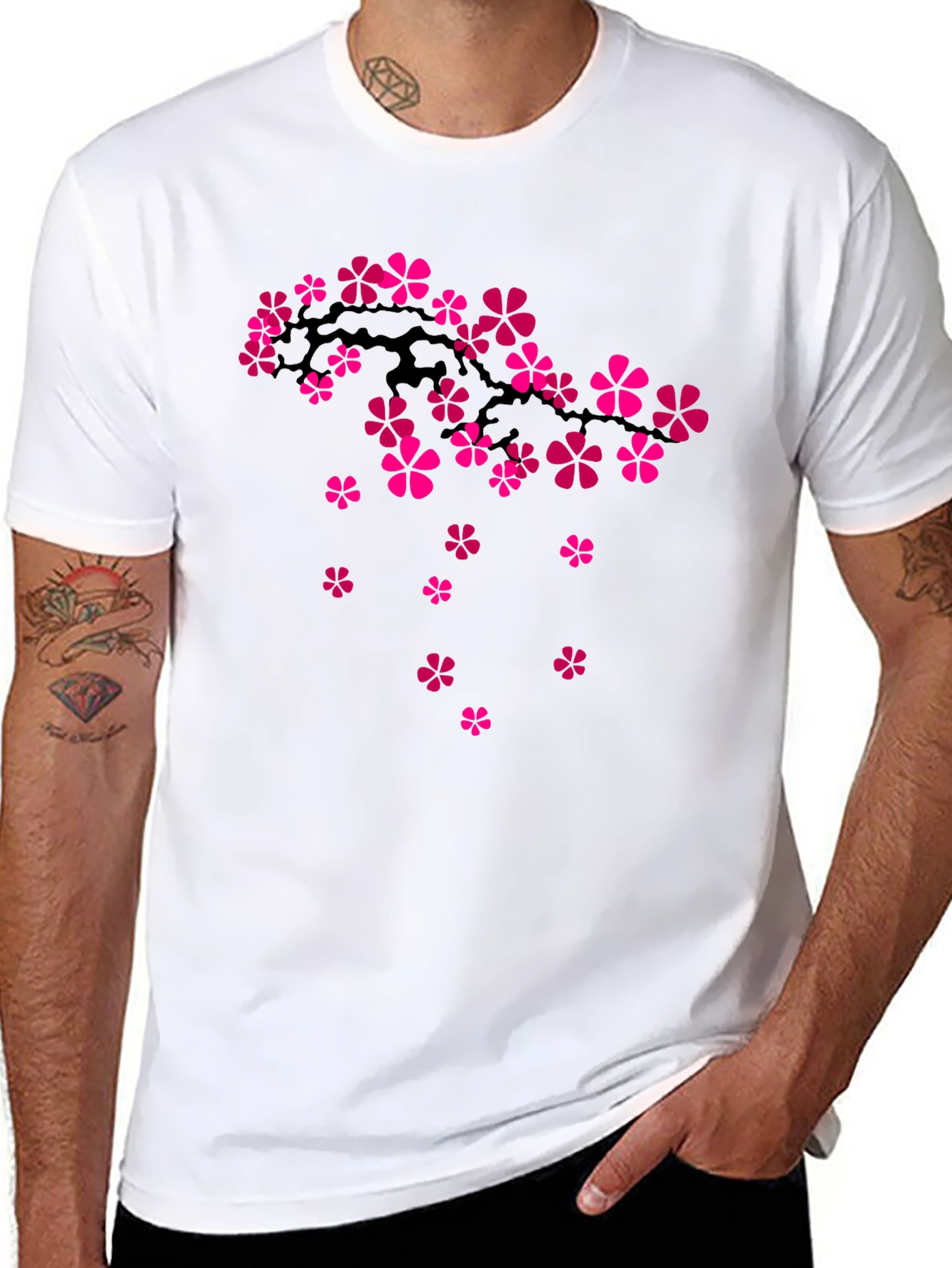 Cherry Blossom Branch Graphic Tee - Black Cotton T-Shirt