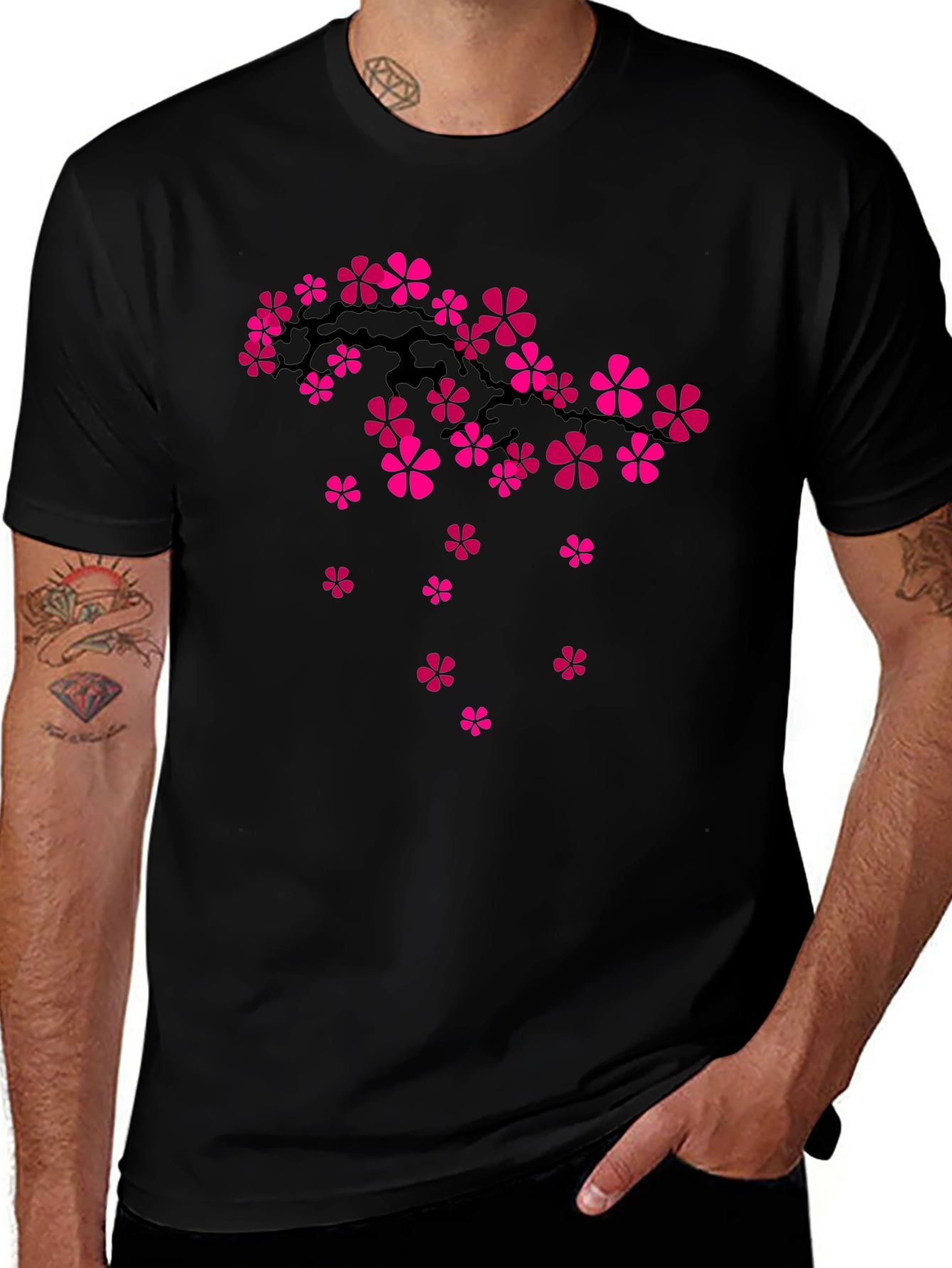 Cherry Blossom Branch Graphic Tee - Black Cotton T-Shirt