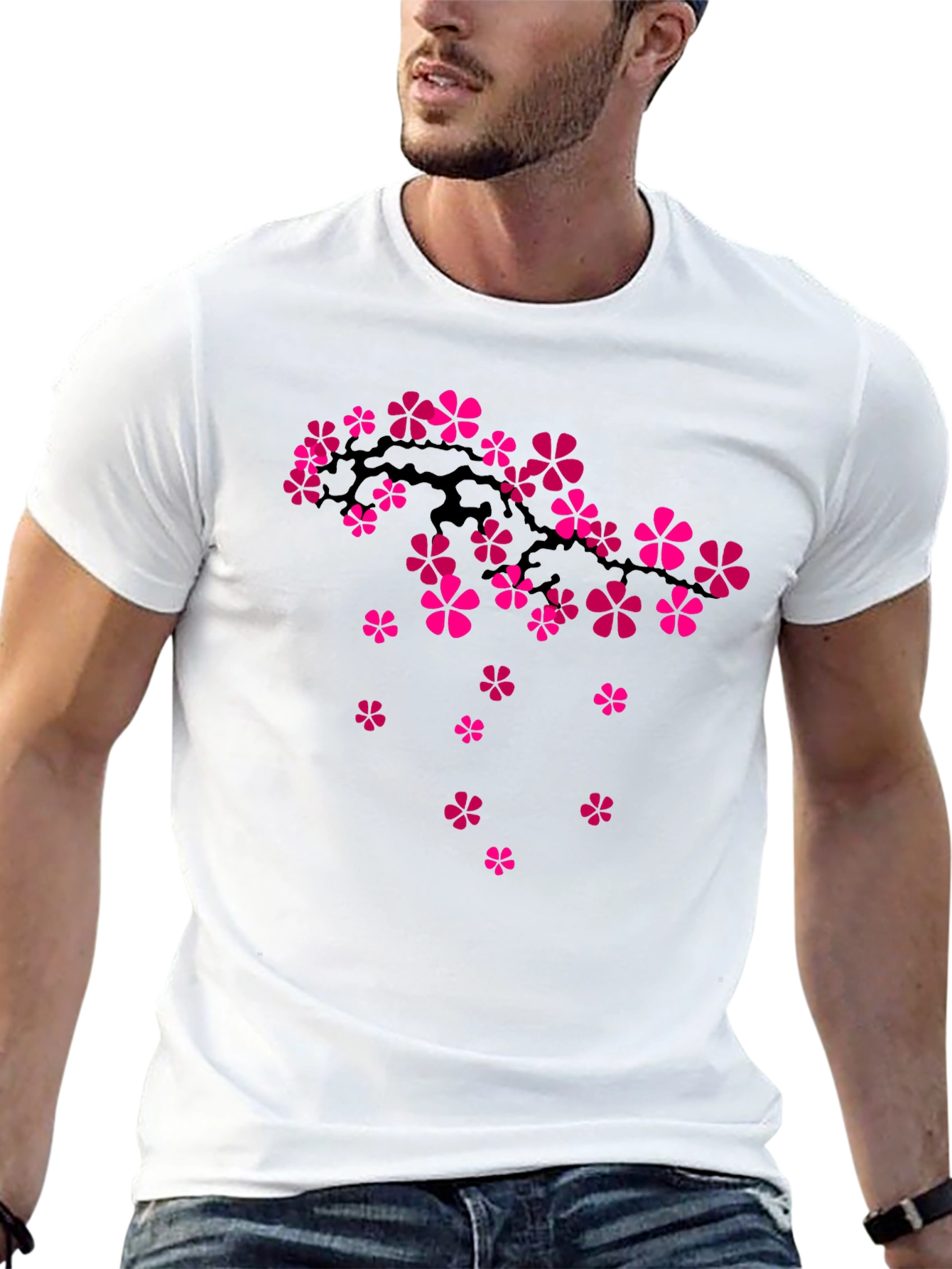 Cherry Blossom Branch Graphic Tee - Black Cotton T-Shirt