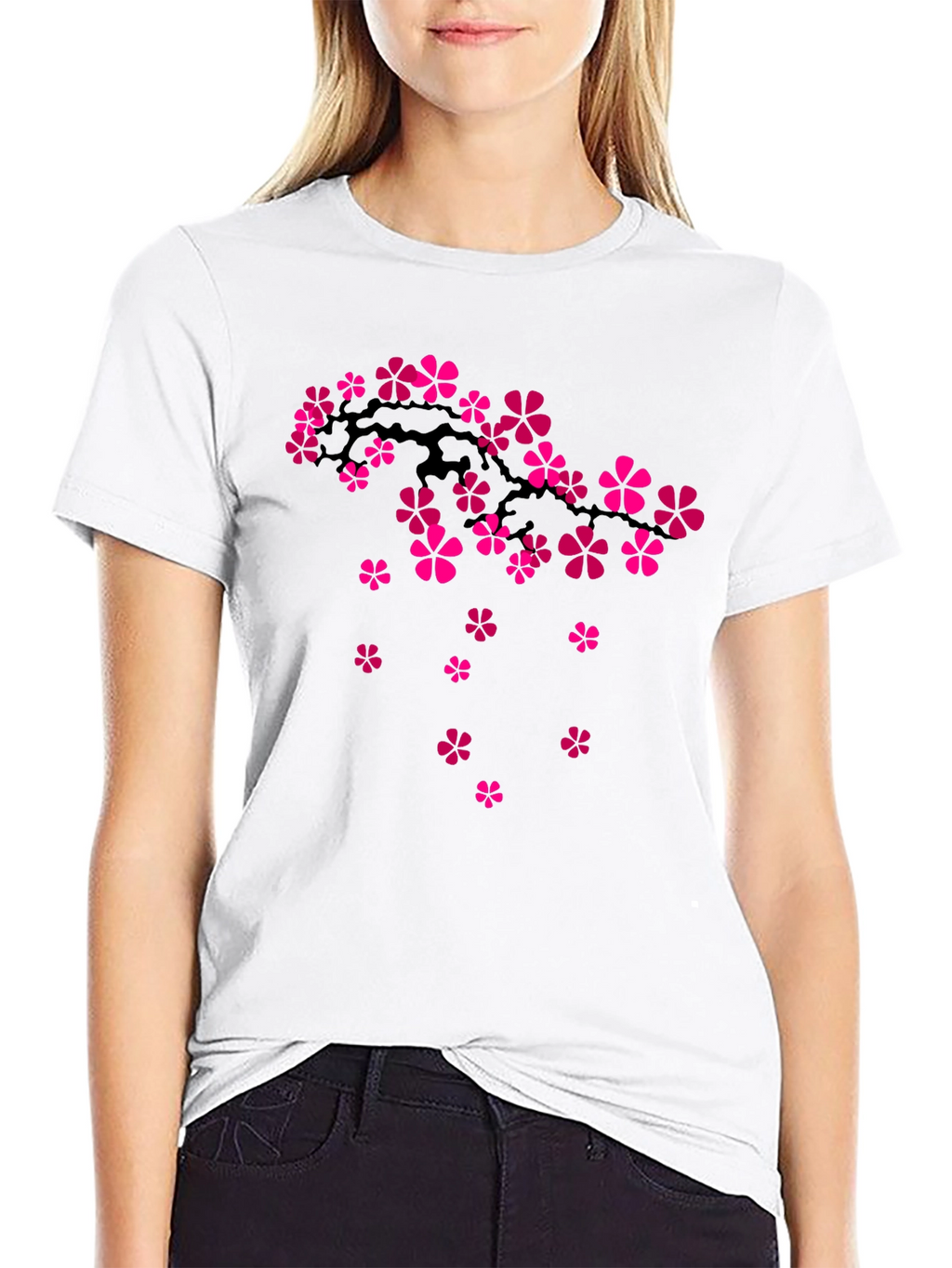 Cherry Blossom Branch Graphic Tee - Black Cotton T-Shirt