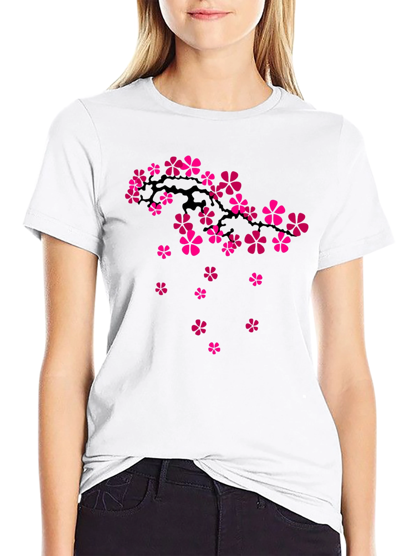 Cherry Blossom Branch Graphic Tee - Black Cotton T-Shirt