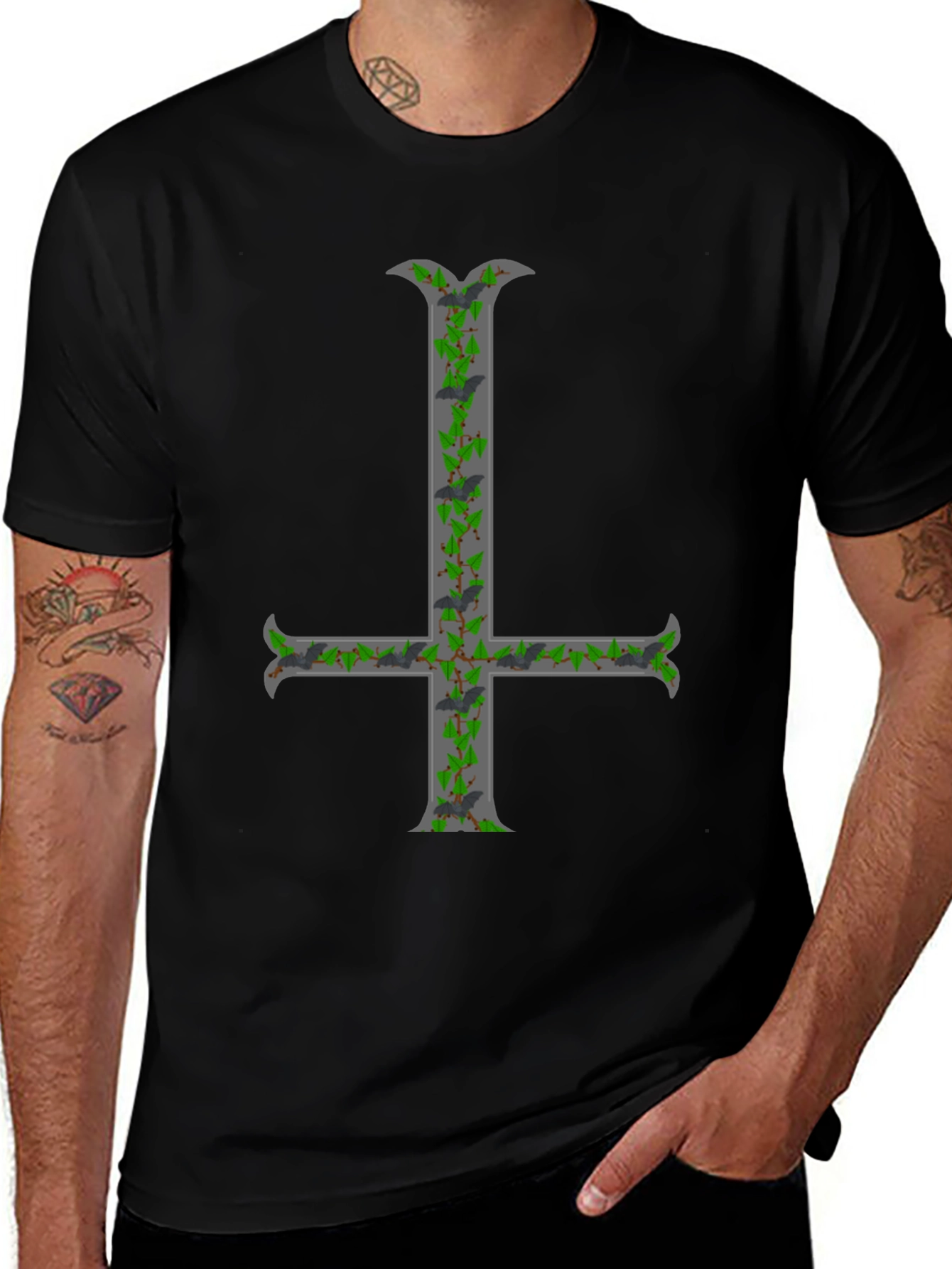 Inverted Cross T-Shirt with Bats and Ivy
