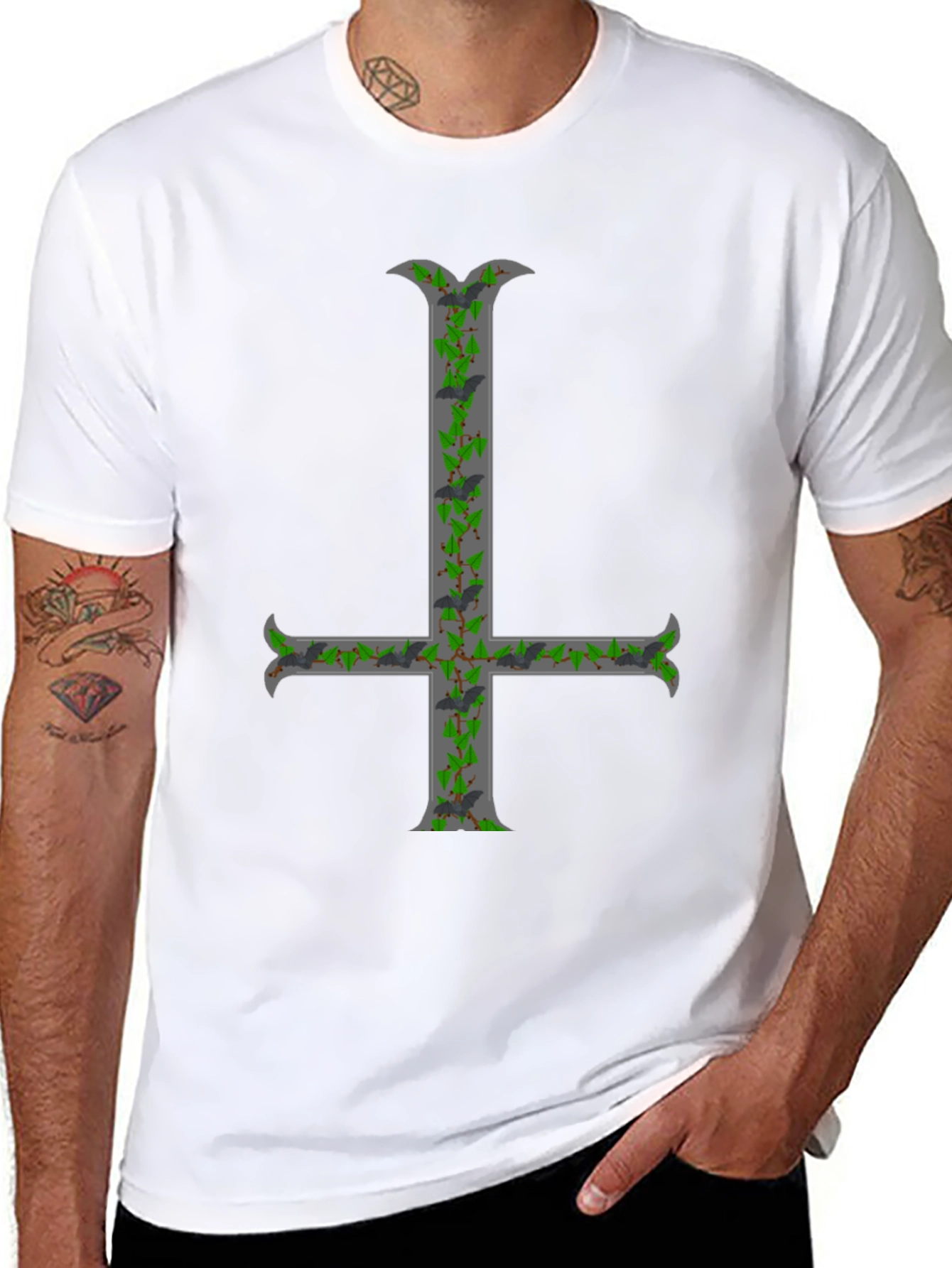 Inverted Cross T-Shirt with Bats and Ivy