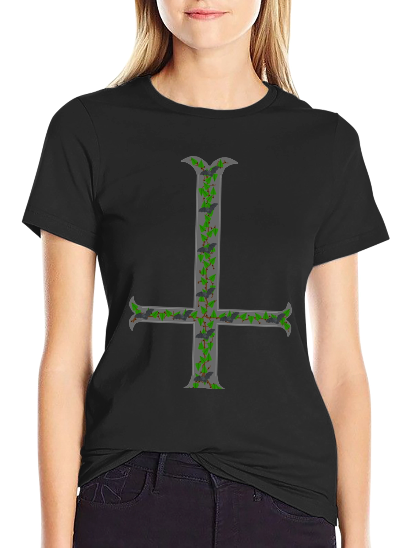 Inverted Cross T-Shirt with Bats and Ivy