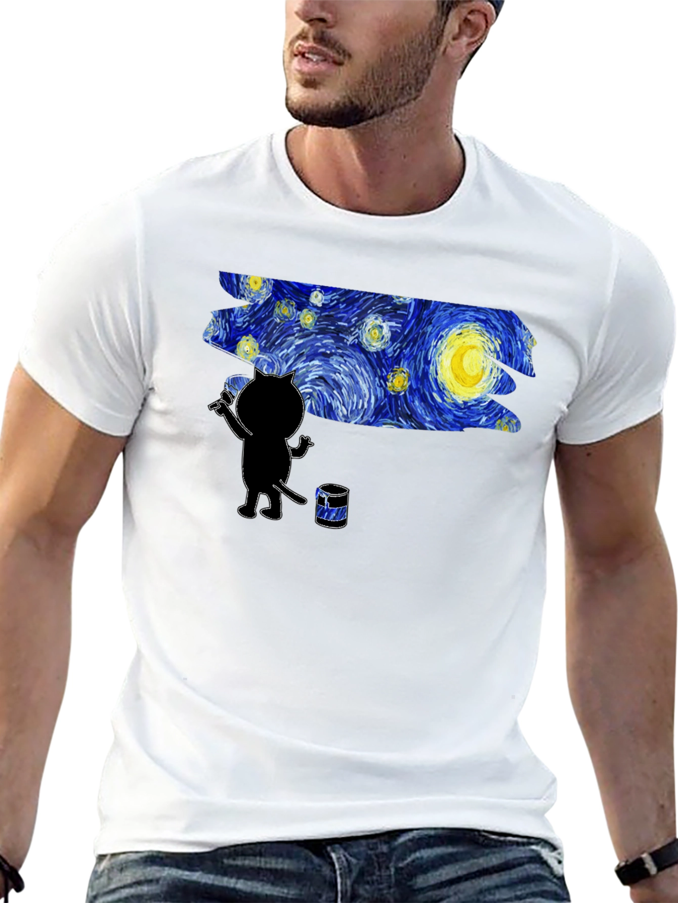 Starry Night Cat Artist Graphic Tee - Black