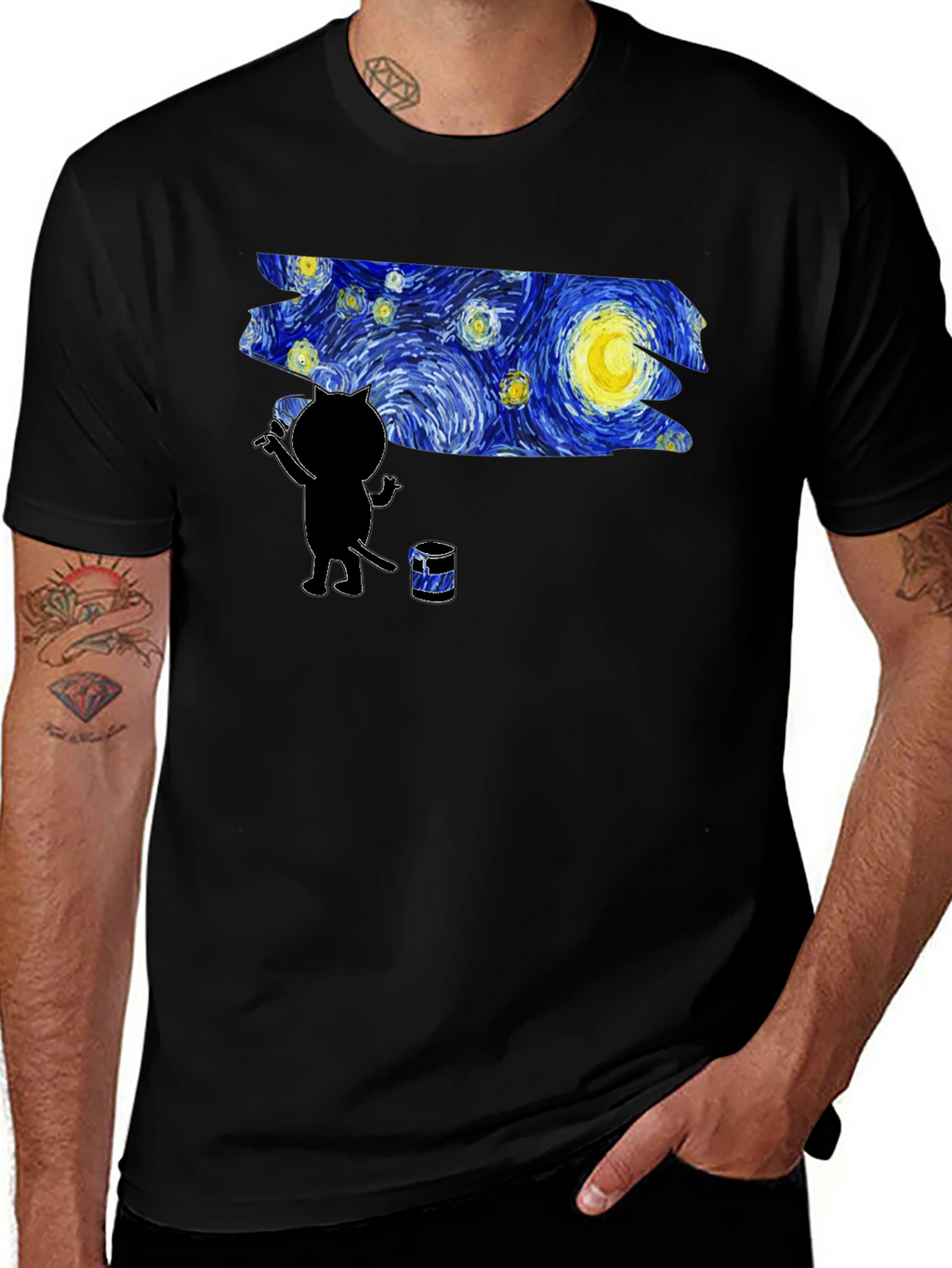 Starry Night Cat Artist Graphic Tee - Black