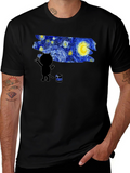 Starry Night Cat Artist Graphic Tee - Black