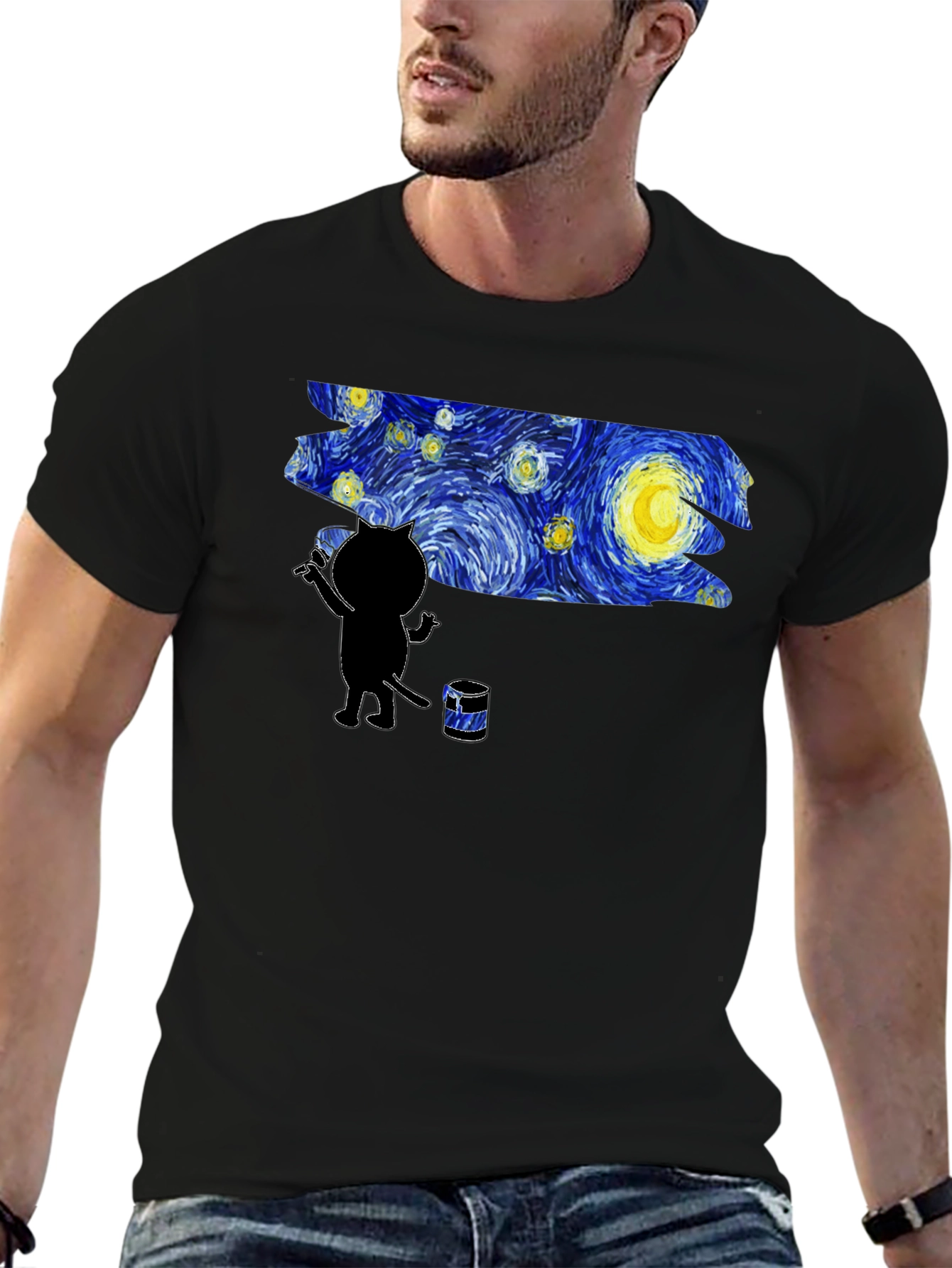 Starry Night Cat Artist Graphic Tee - Black