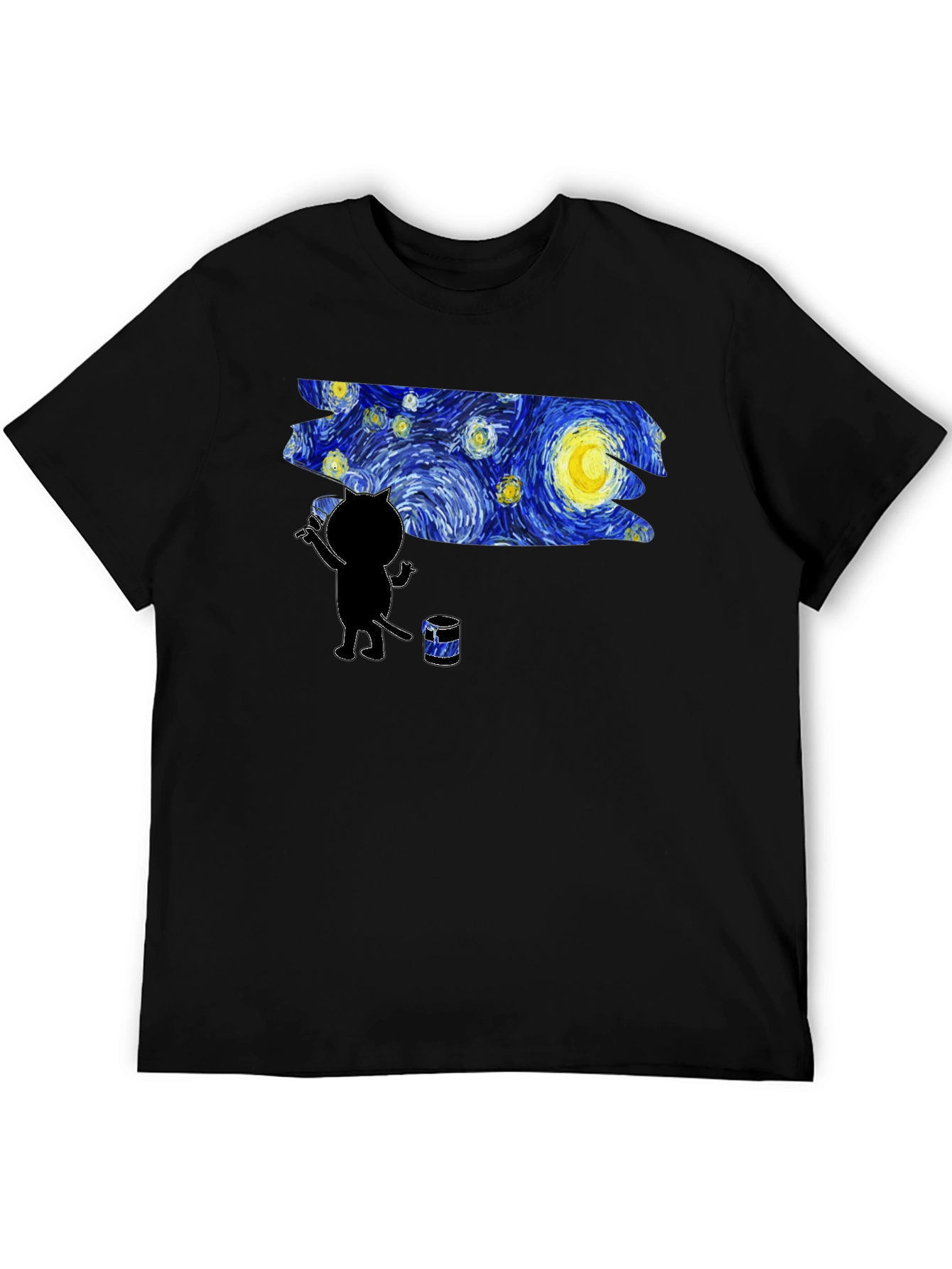Starry Night Cat Artist Graphic Tee - Black