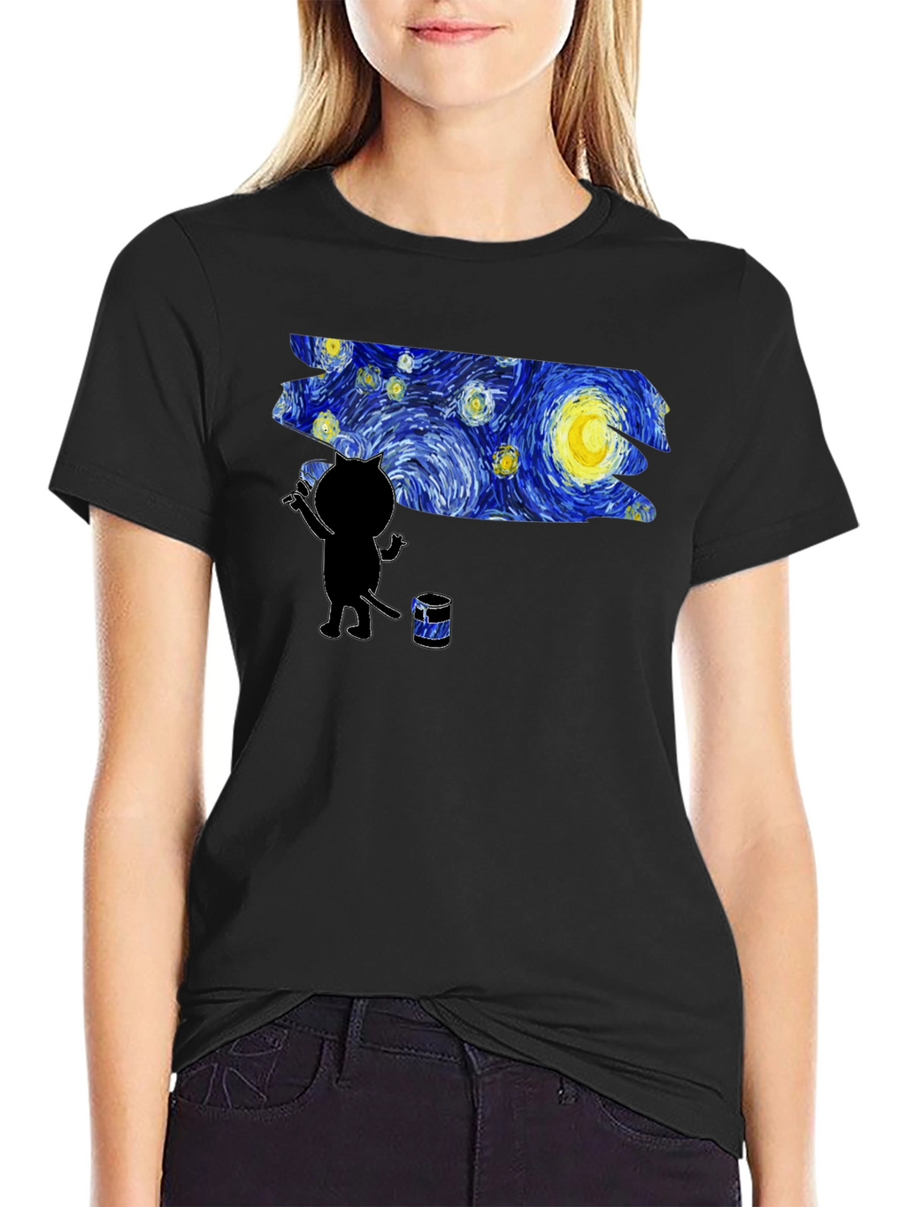 Starry Night Cat Artist Graphic Tee - Black