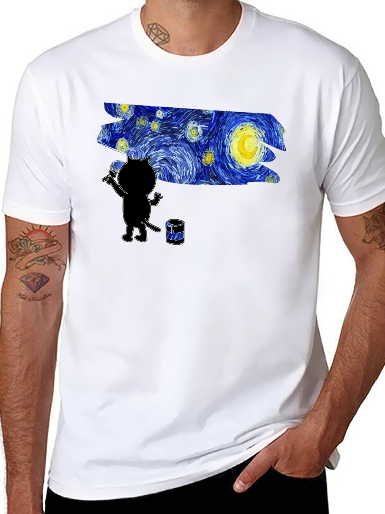 Starry Night Cat Artist Graphic Tee - Black