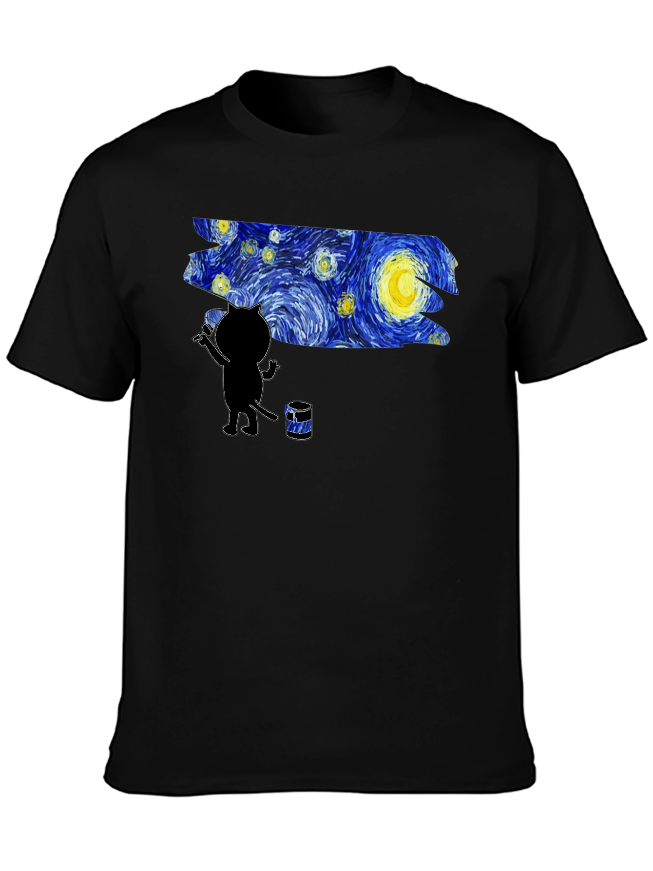 Starry Night Cat Artist Graphic Tee - Black