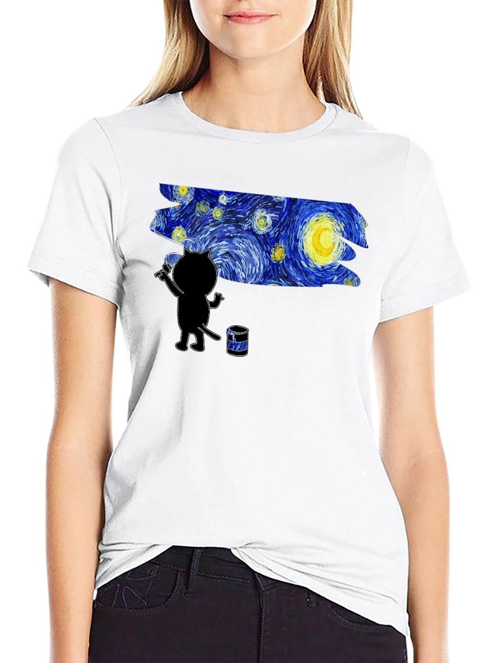 Starry Night Cat Artist Graphic Tee - Black