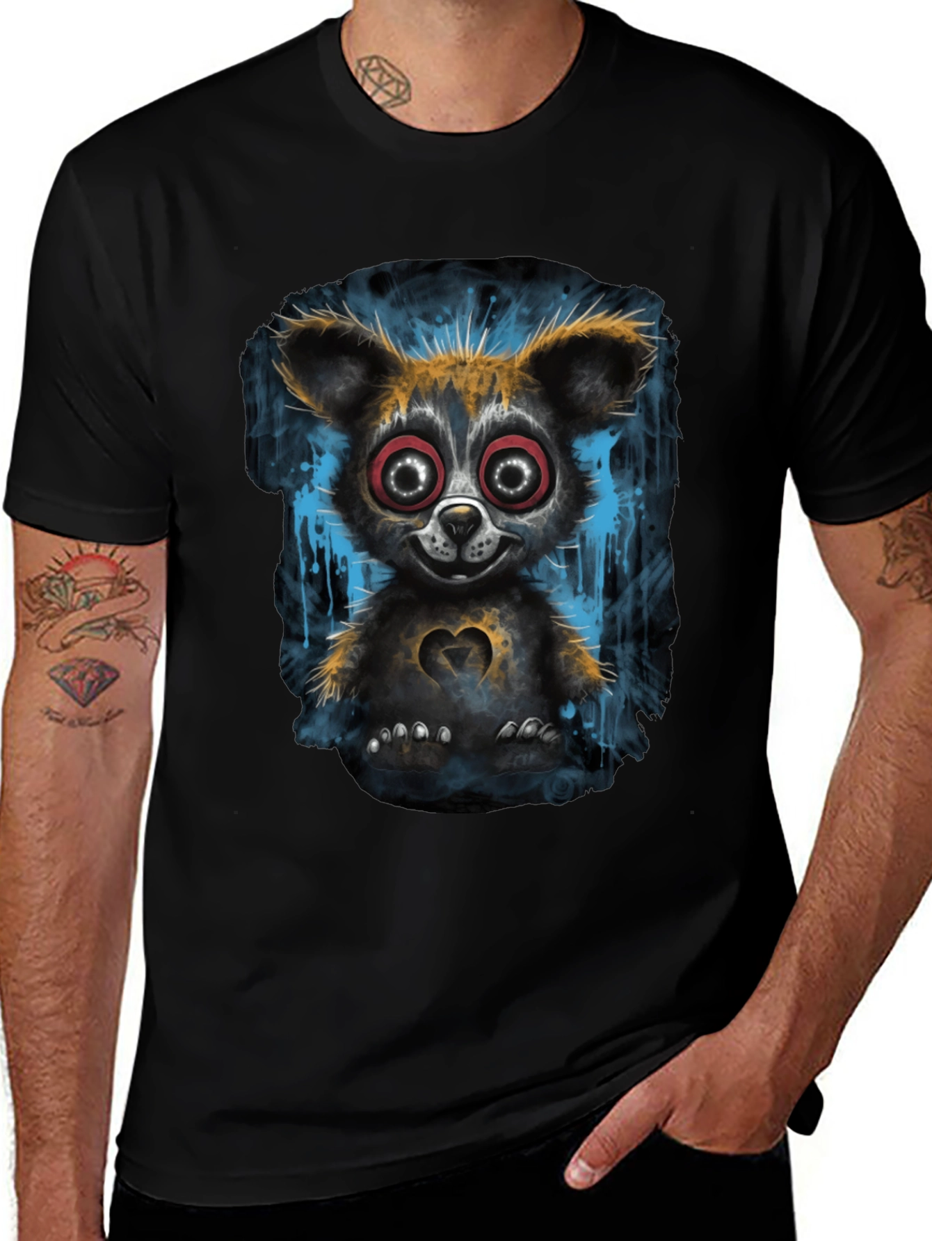 Creepy Cute Bear Graphic T-Shirt - Black