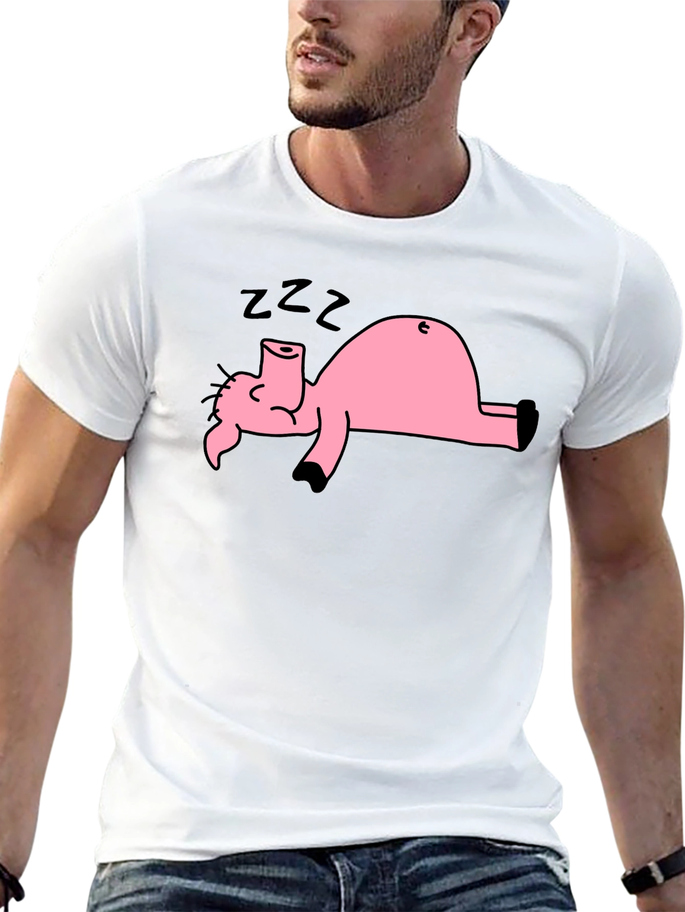 Black T-Shirt with Sleeping Pig Graphic