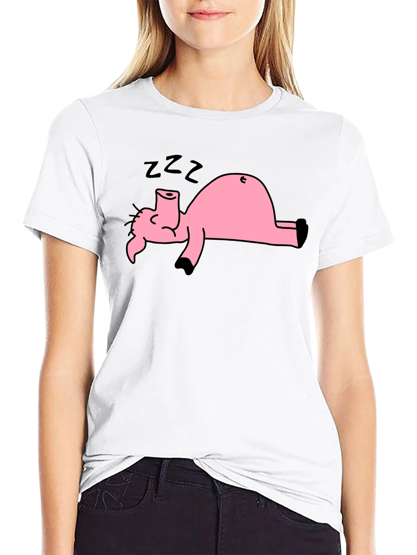 Black T-Shirt with Sleeping Pig Graphic