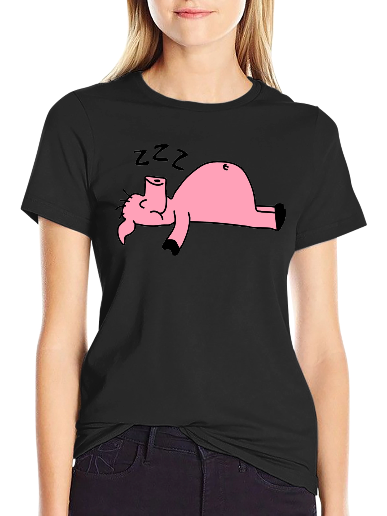 Black T-Shirt with Sleeping Pig Graphic
