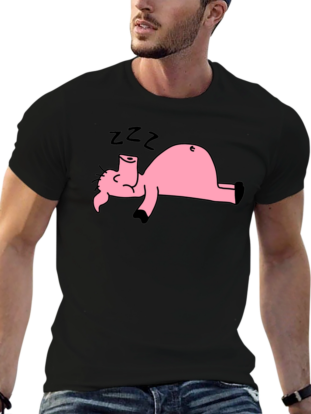 Black T-Shirt with Sleeping Pig Graphic