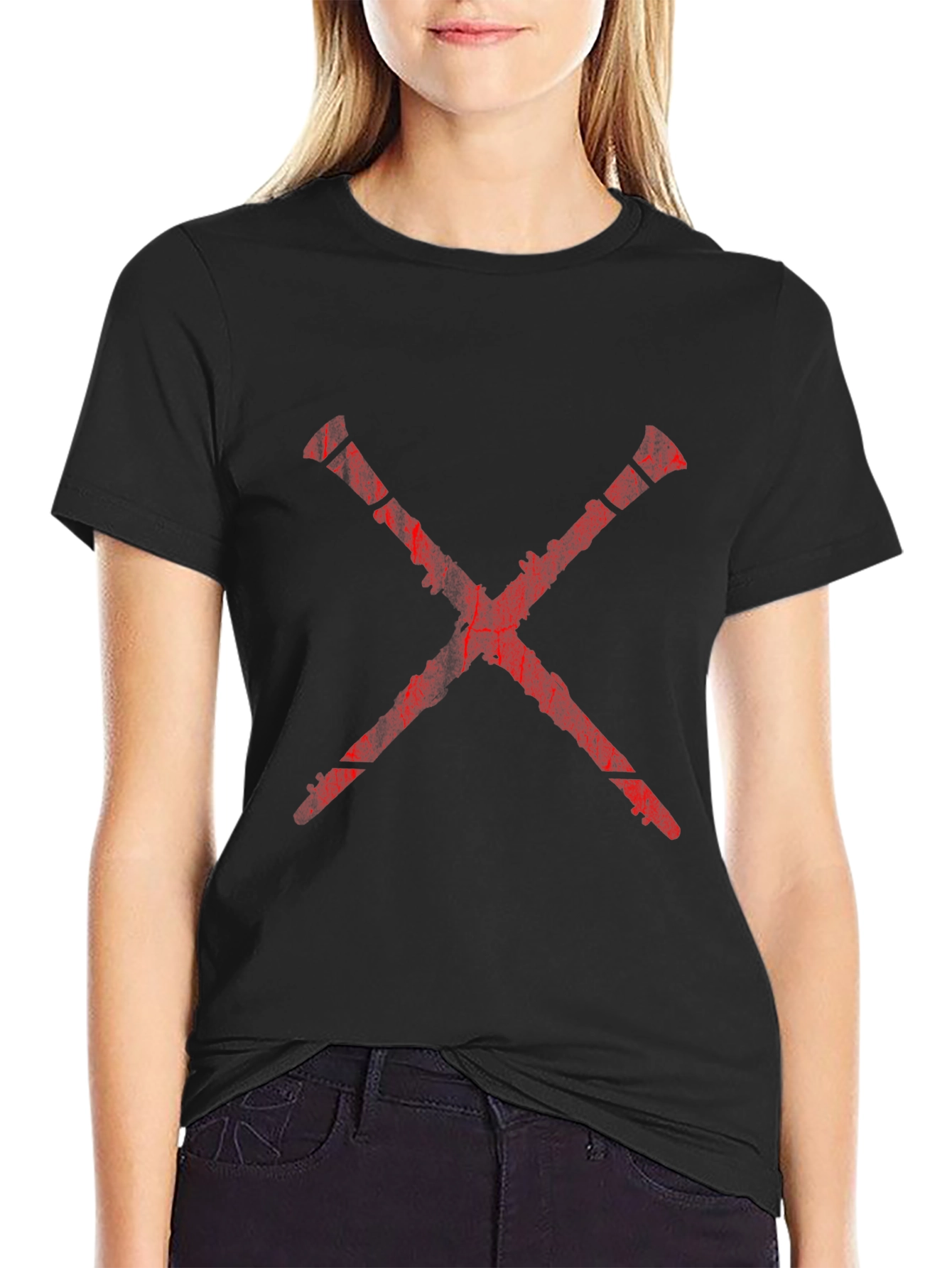 Red X Graphic Print Black T-Shirt