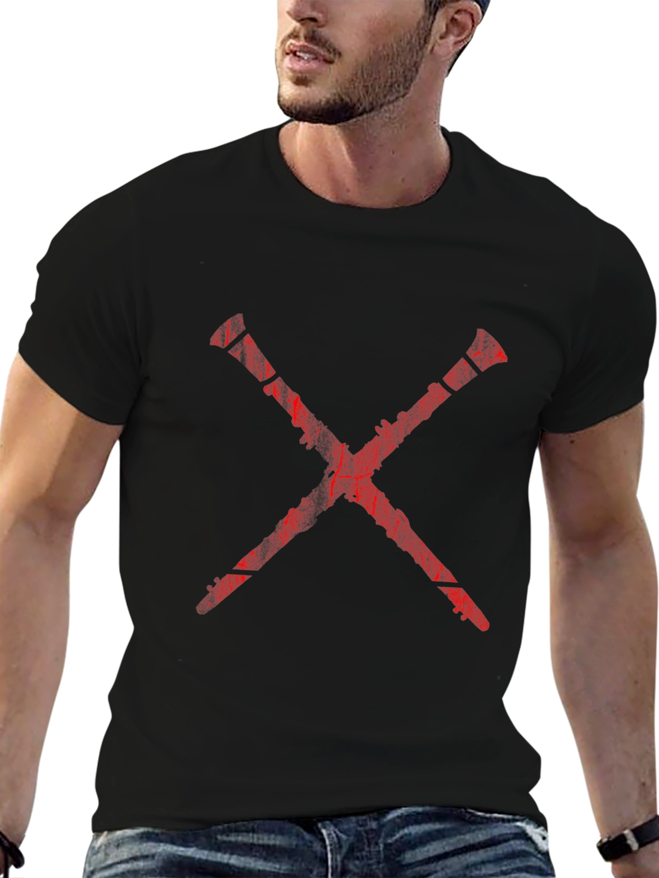 Red X Graphic Print Black T-Shirt