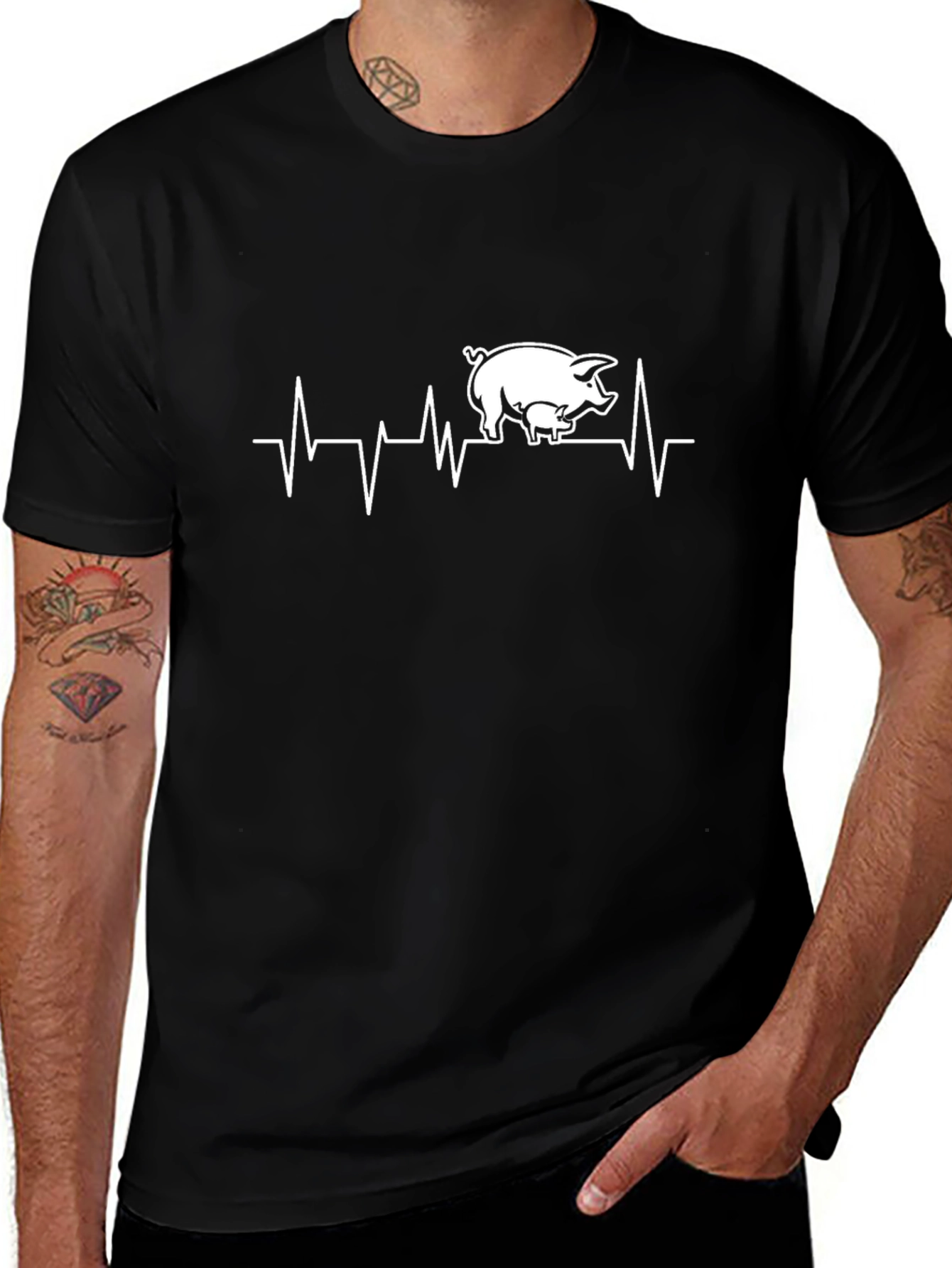 Pig Heartbeat T-Shirt - Black Crew Neck Cotton Tee