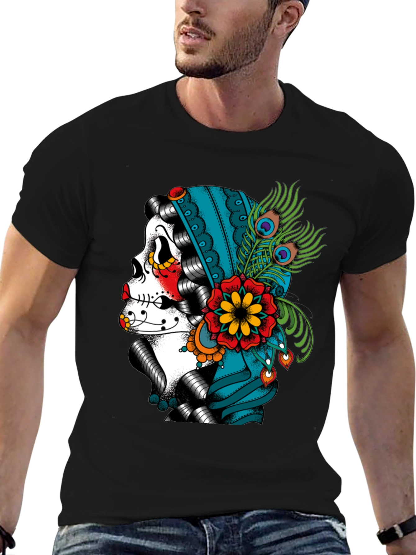 Sugar Skull Peacock T-Shirt - Dia de los Muertos