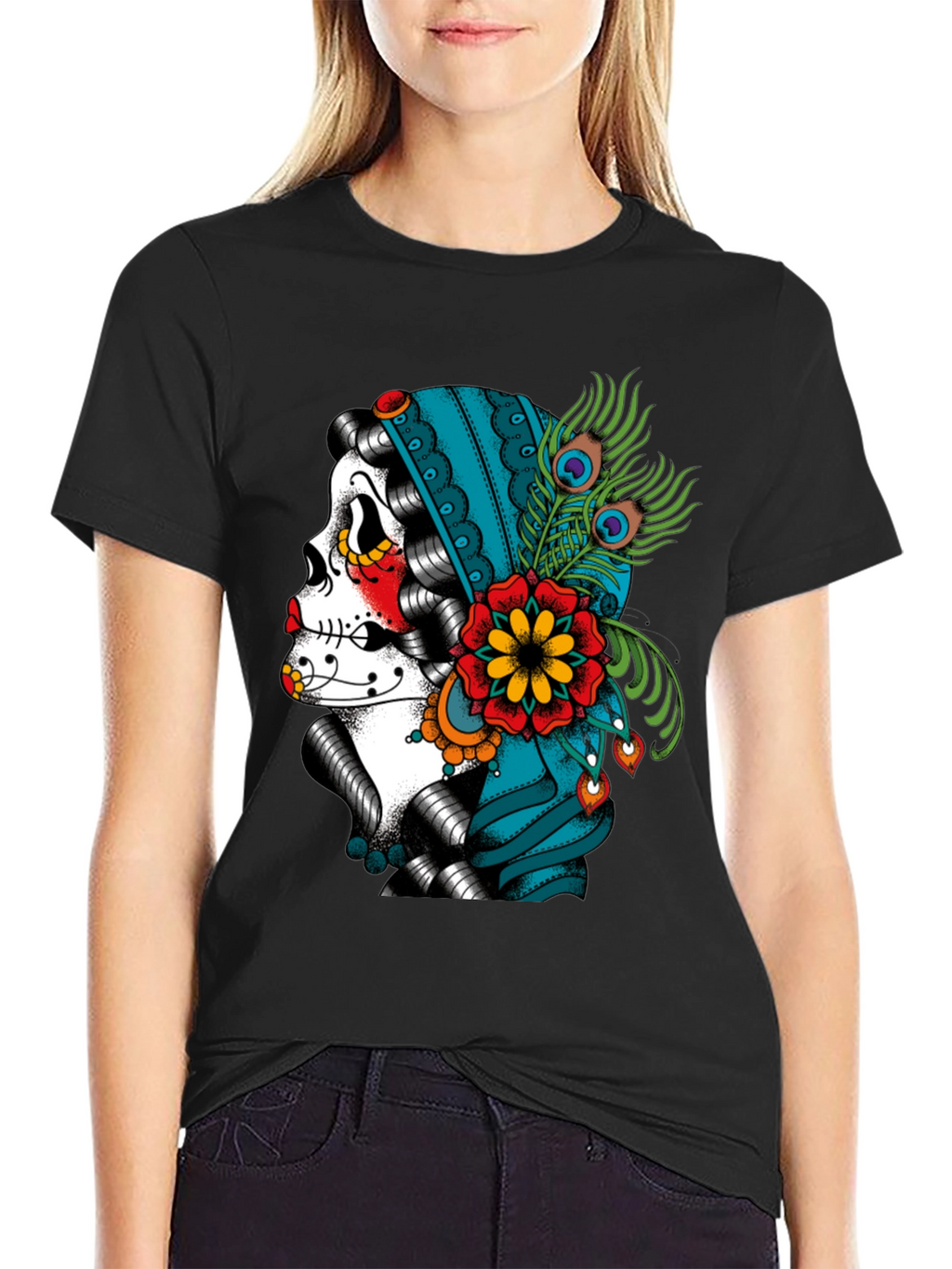 Sugar Skull Peacock T-Shirt - Dia de los Muertos