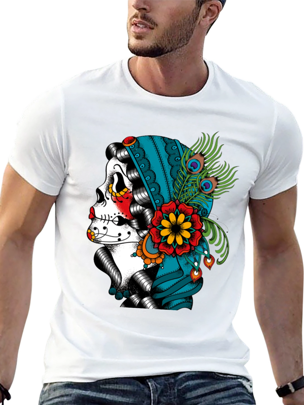Sugar Skull Peacock T-Shirt - Dia de los Muertos