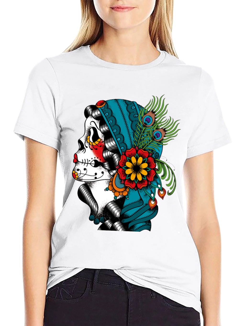 Sugar Skull Peacock T-Shirt - Dia de los Muertos