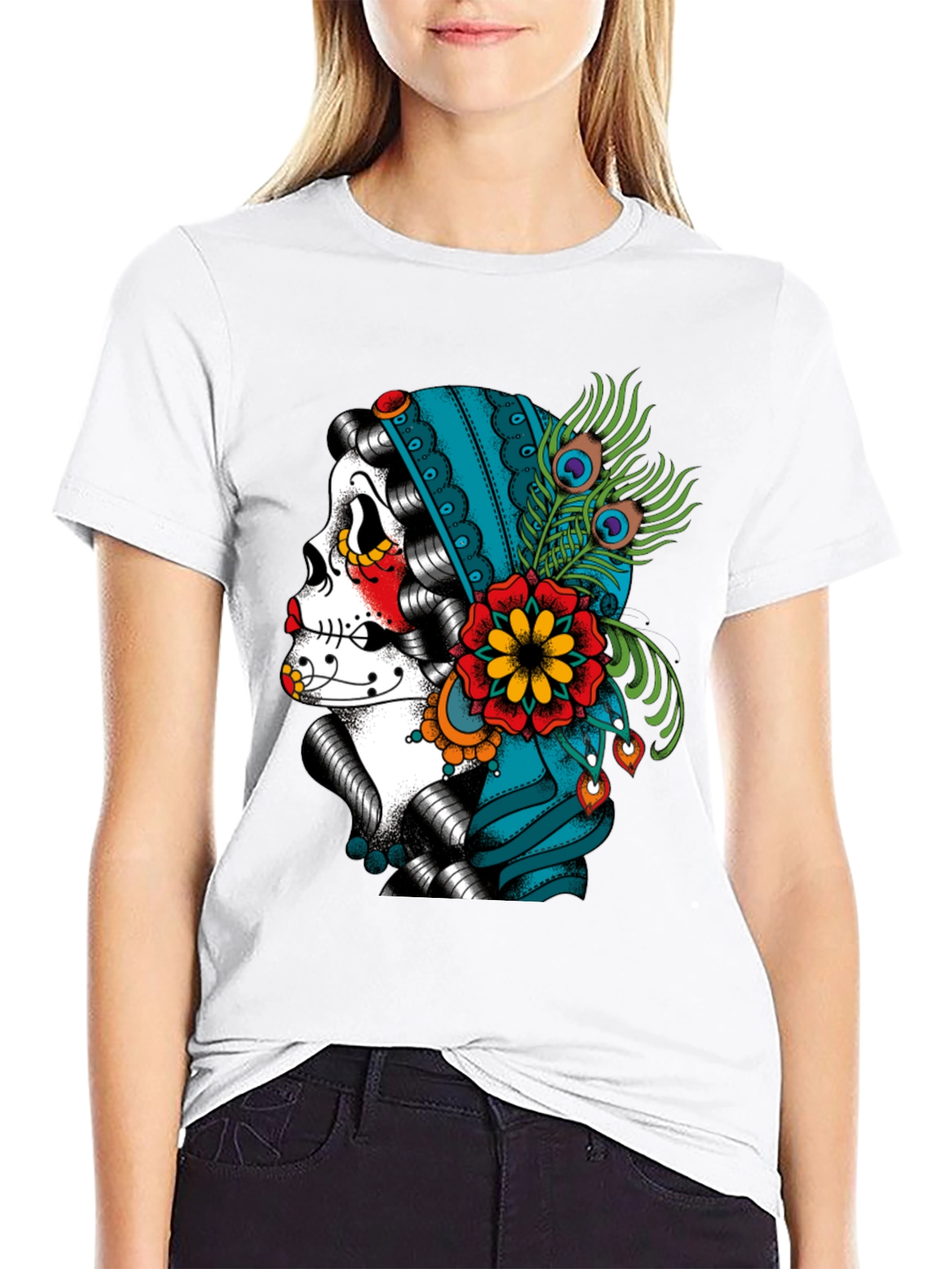 Sugar Skull Peacock T-Shirt - Dia de los Muertos