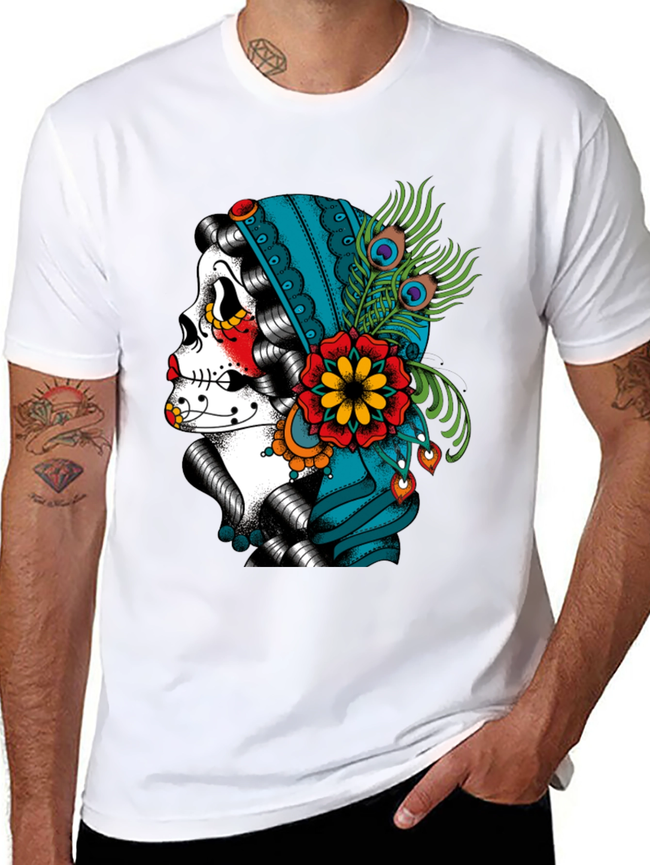 Sugar Skull Peacock T-Shirt - Dia de los Muertos
