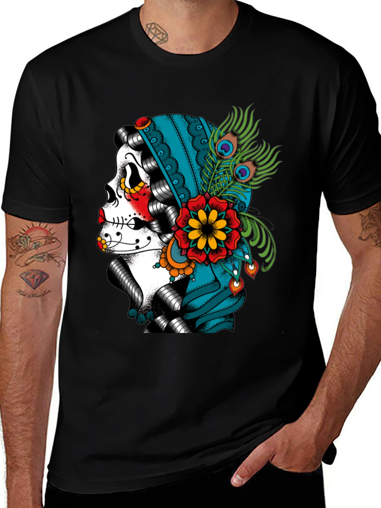 Sugar Skull Peacock T-Shirt - Dia de los Muertos