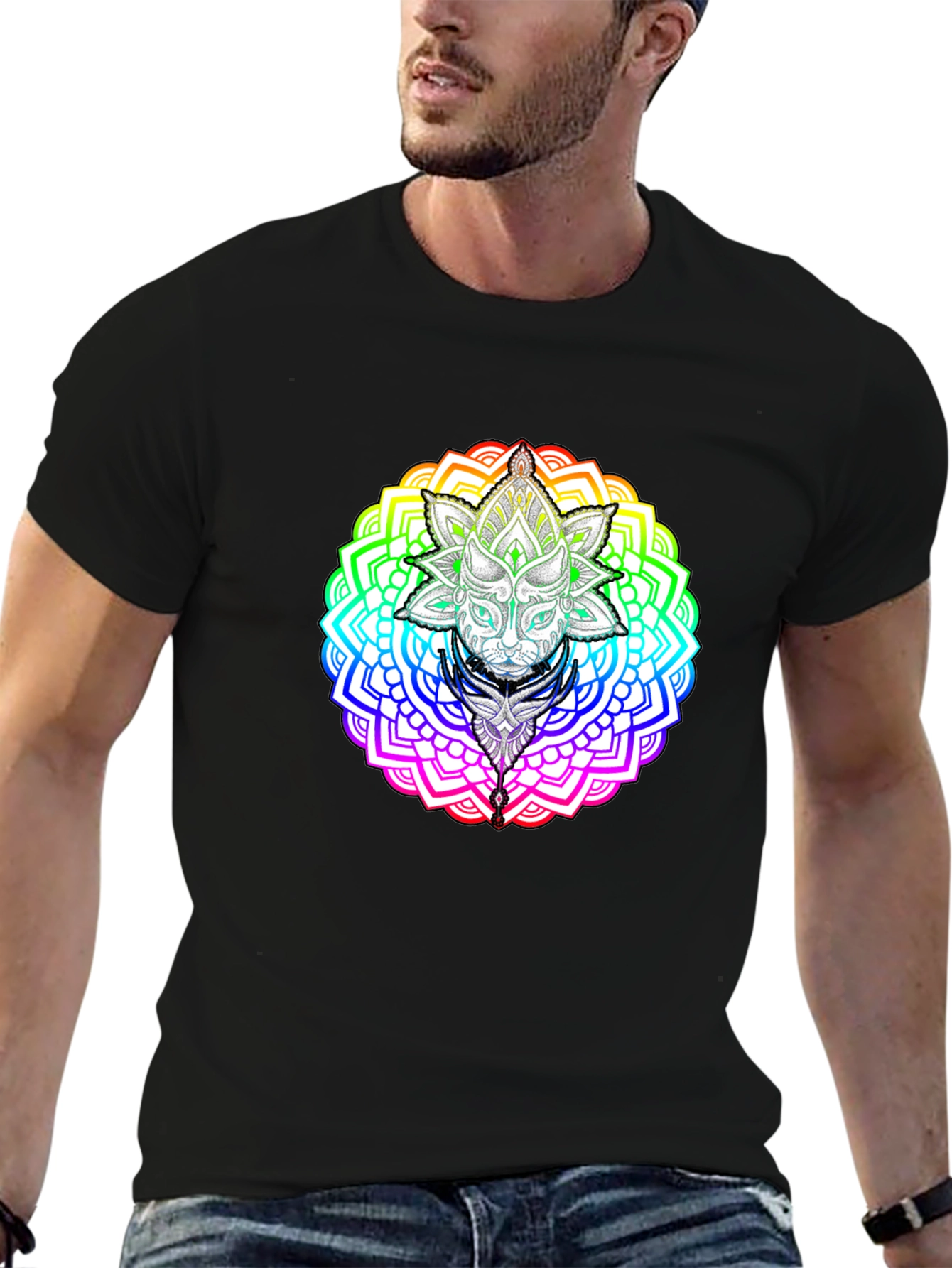 Rainbow Mandala Cat Graphic T-Shirt