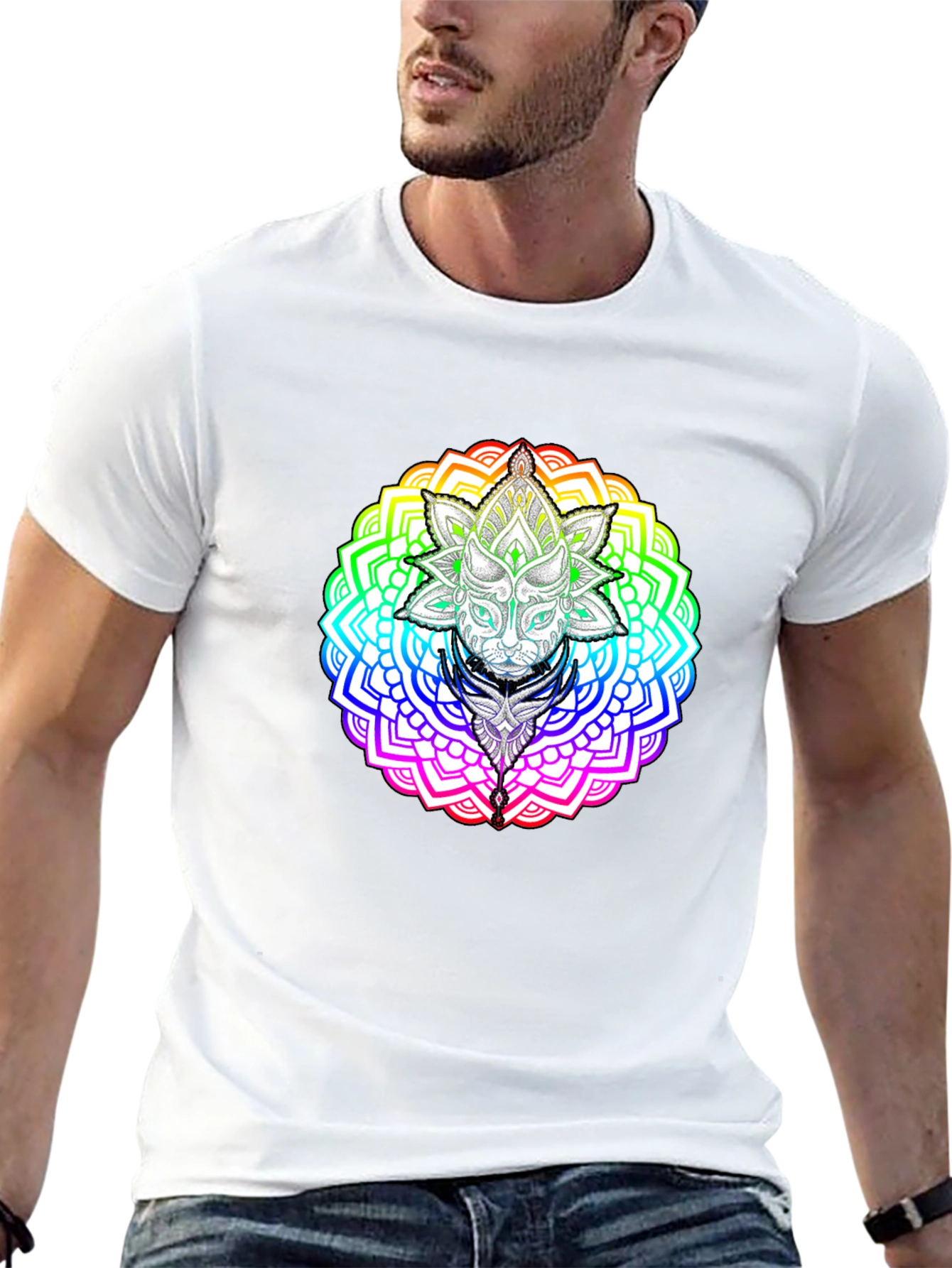 Rainbow Mandala Cat Graphic T-Shirt