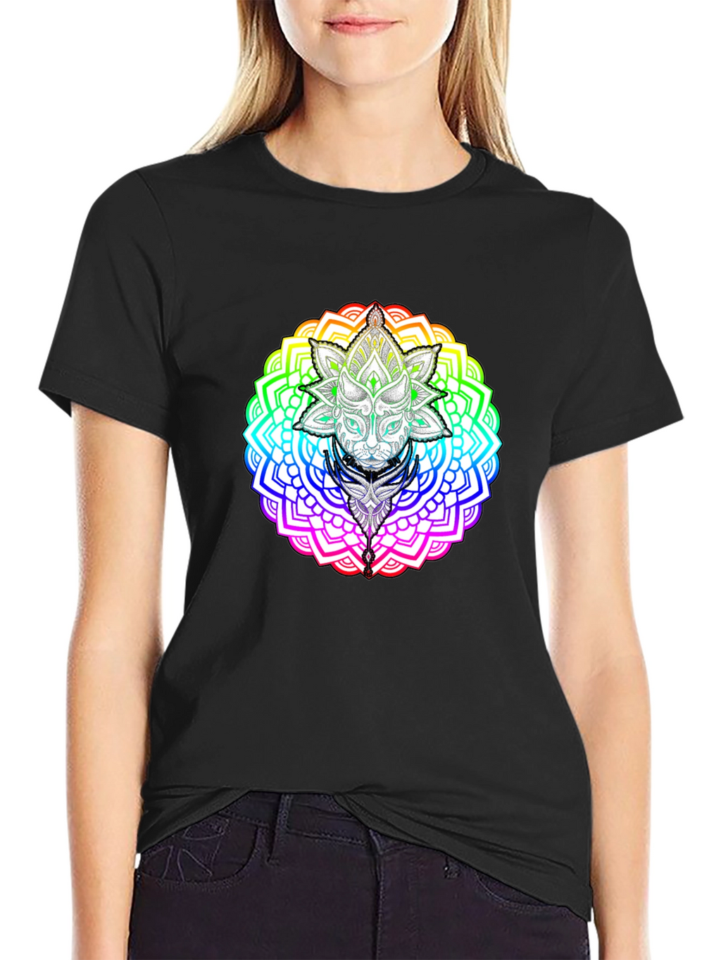 Rainbow Mandala Cat Graphic T-Shirt