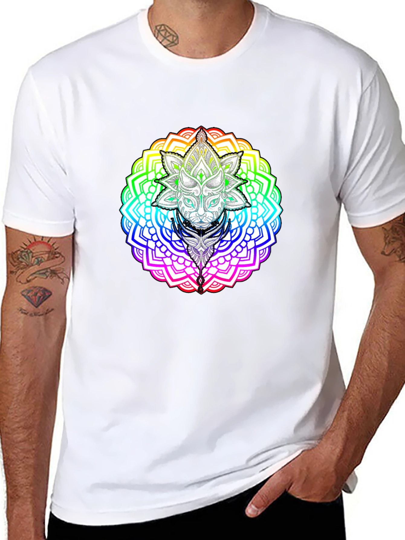 Rainbow Mandala Cat Graphic T-Shirt