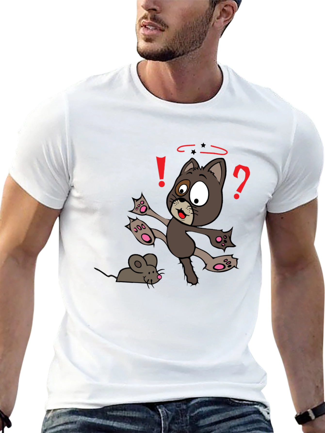 Cartoon Cat & Mouse Graphic T-Shirt - Black