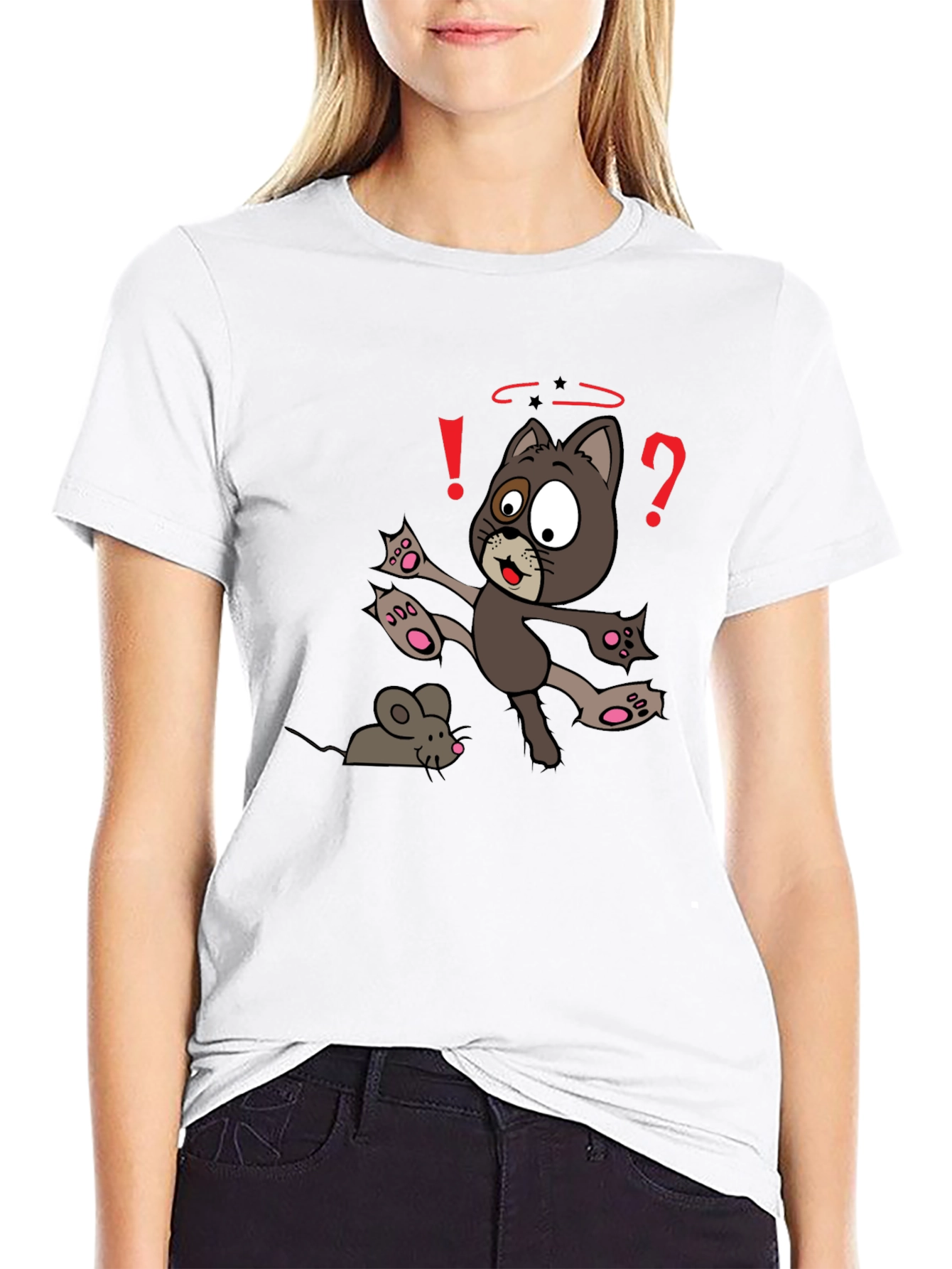 Cartoon Cat & Mouse Graphic T-Shirt - Black