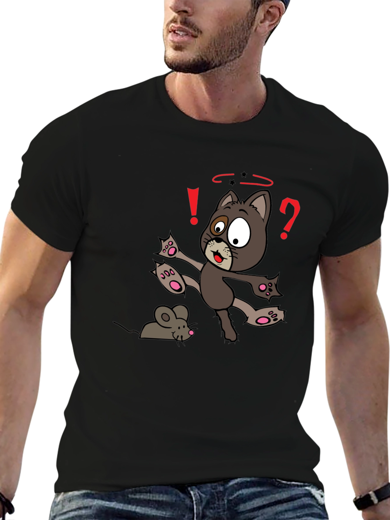 Cartoon Cat & Mouse Graphic T-Shirt - Black