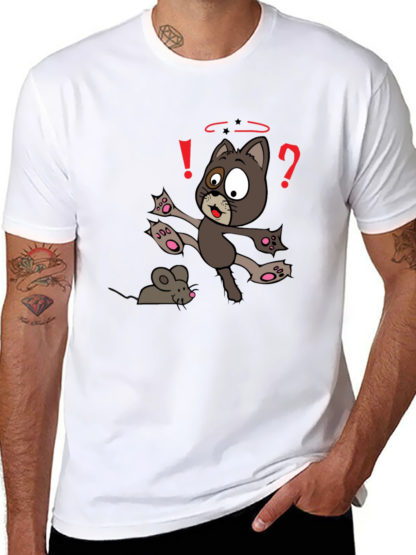 Cartoon Cat & Mouse Graphic T-Shirt - Black