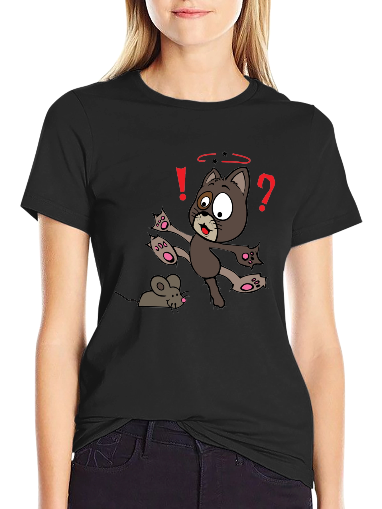 Cartoon Cat & Mouse Graphic T-Shirt - Black