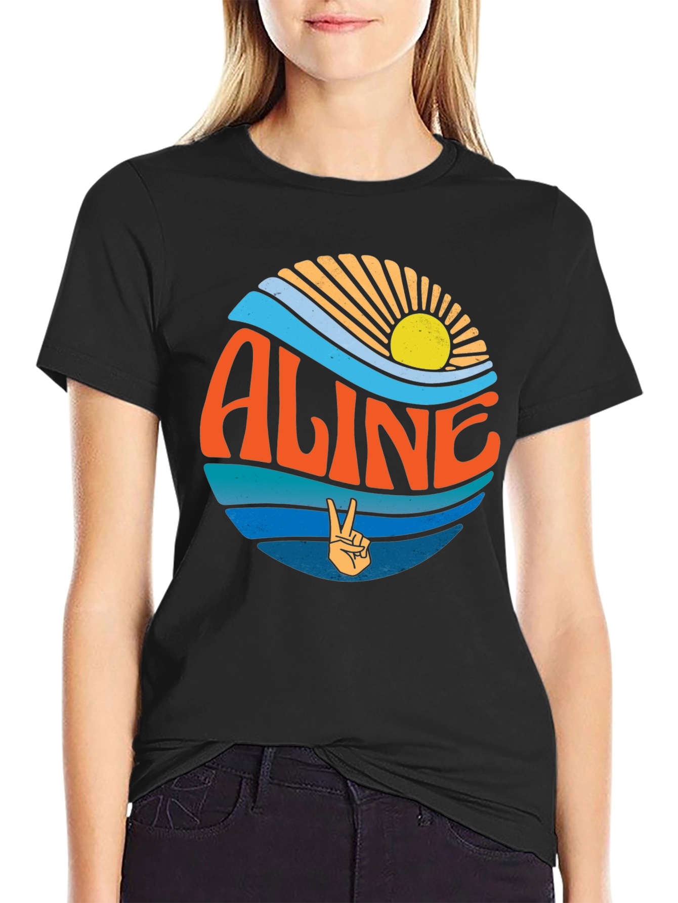 Aline Retro Sunset Peace Sign Black T-Shirt