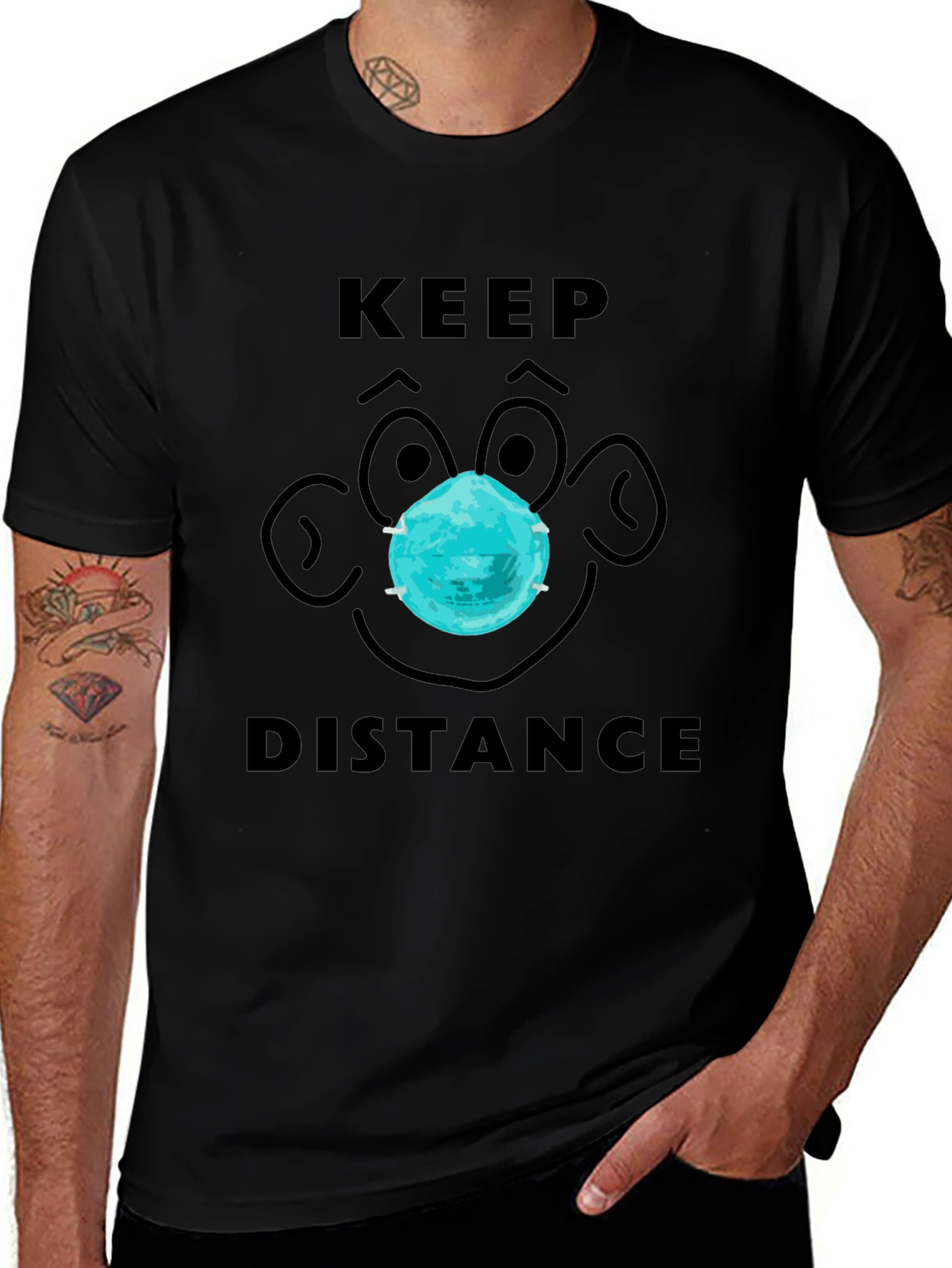 Keep Distance Cartoon Face Graphic Tee - Black