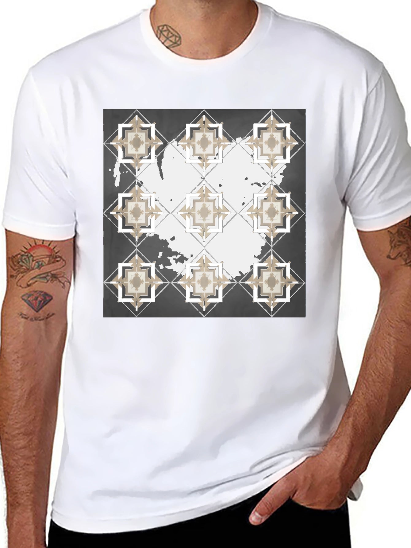 Geometric Tile Print Crew Neck T-Shirt