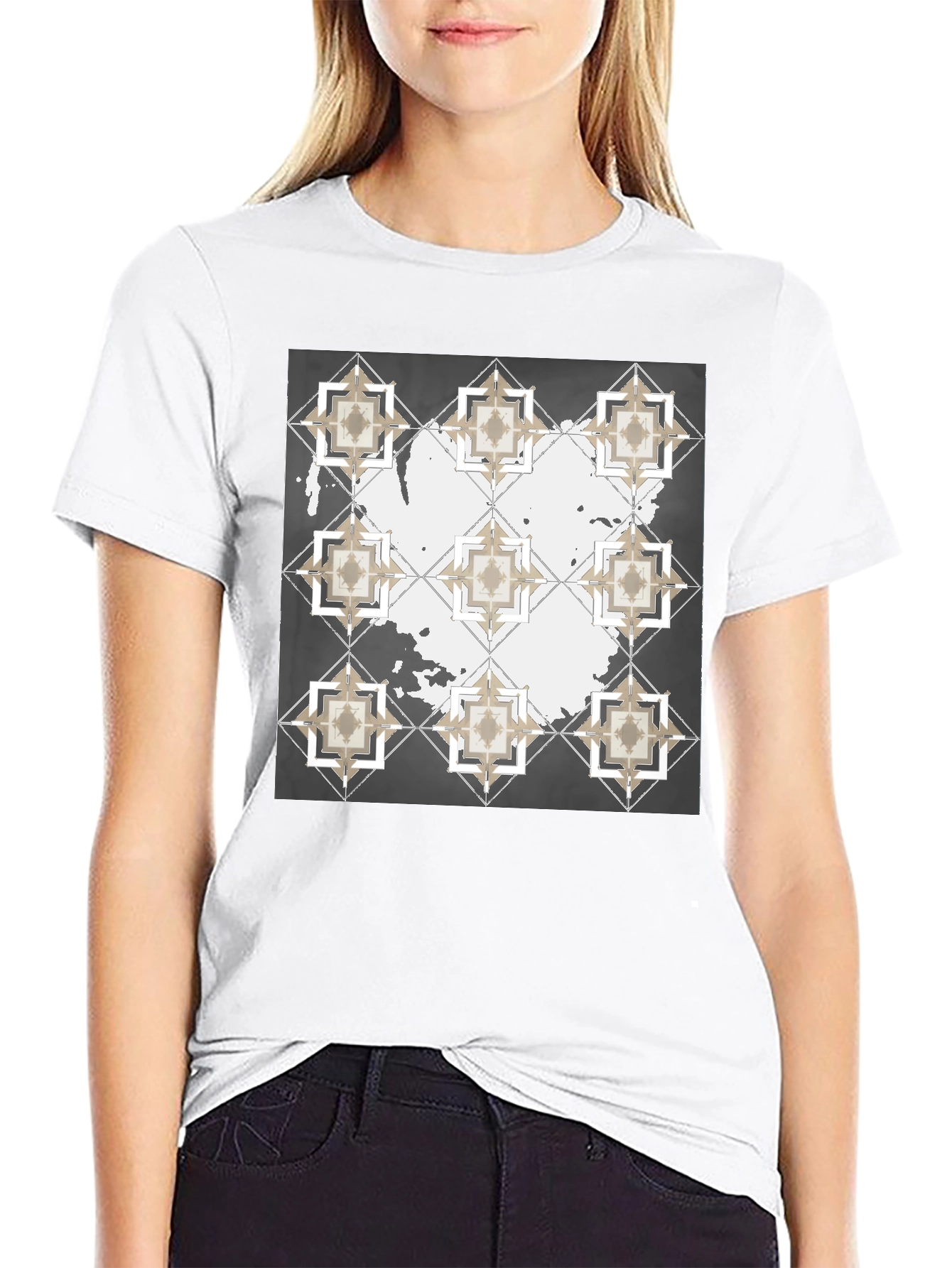 Geometric Tile Print Crew Neck T-Shirt
